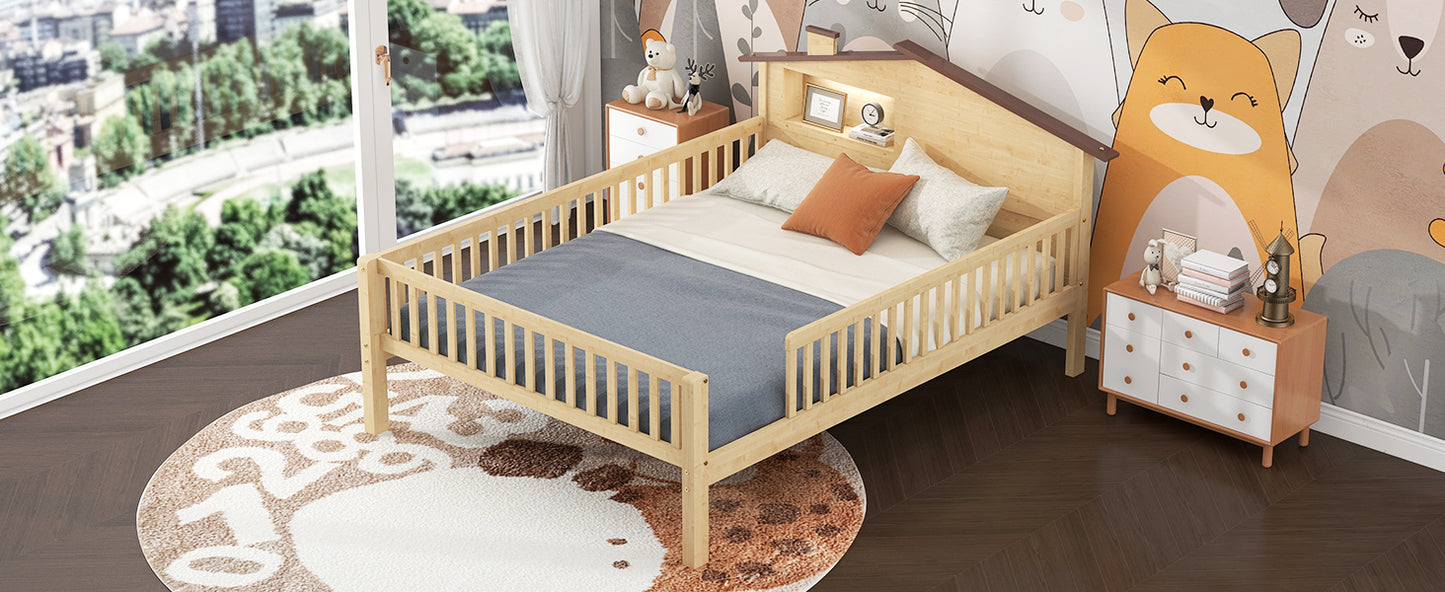 Natural wood toddler bed with slatted sides and builtin bookshelf
