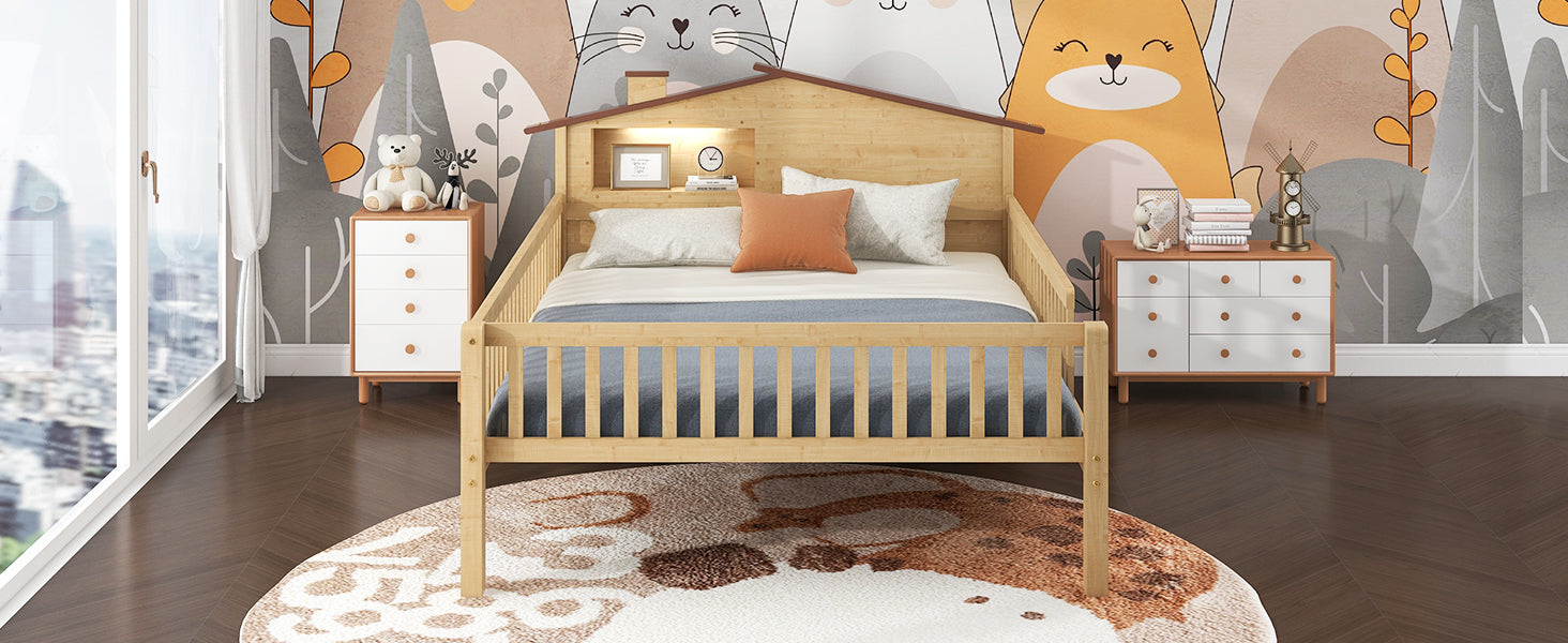 Natural wood kids bed with houseshaped headboard and builtin shelf
