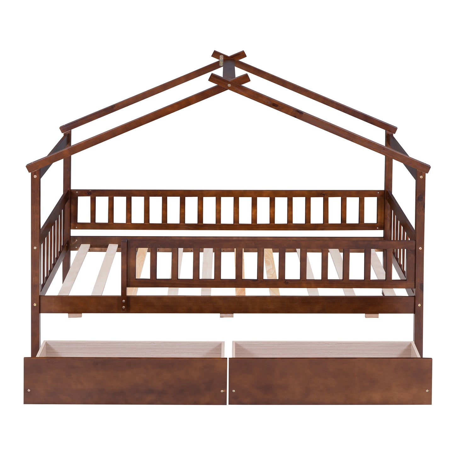 Wooden house bed frame with drawers