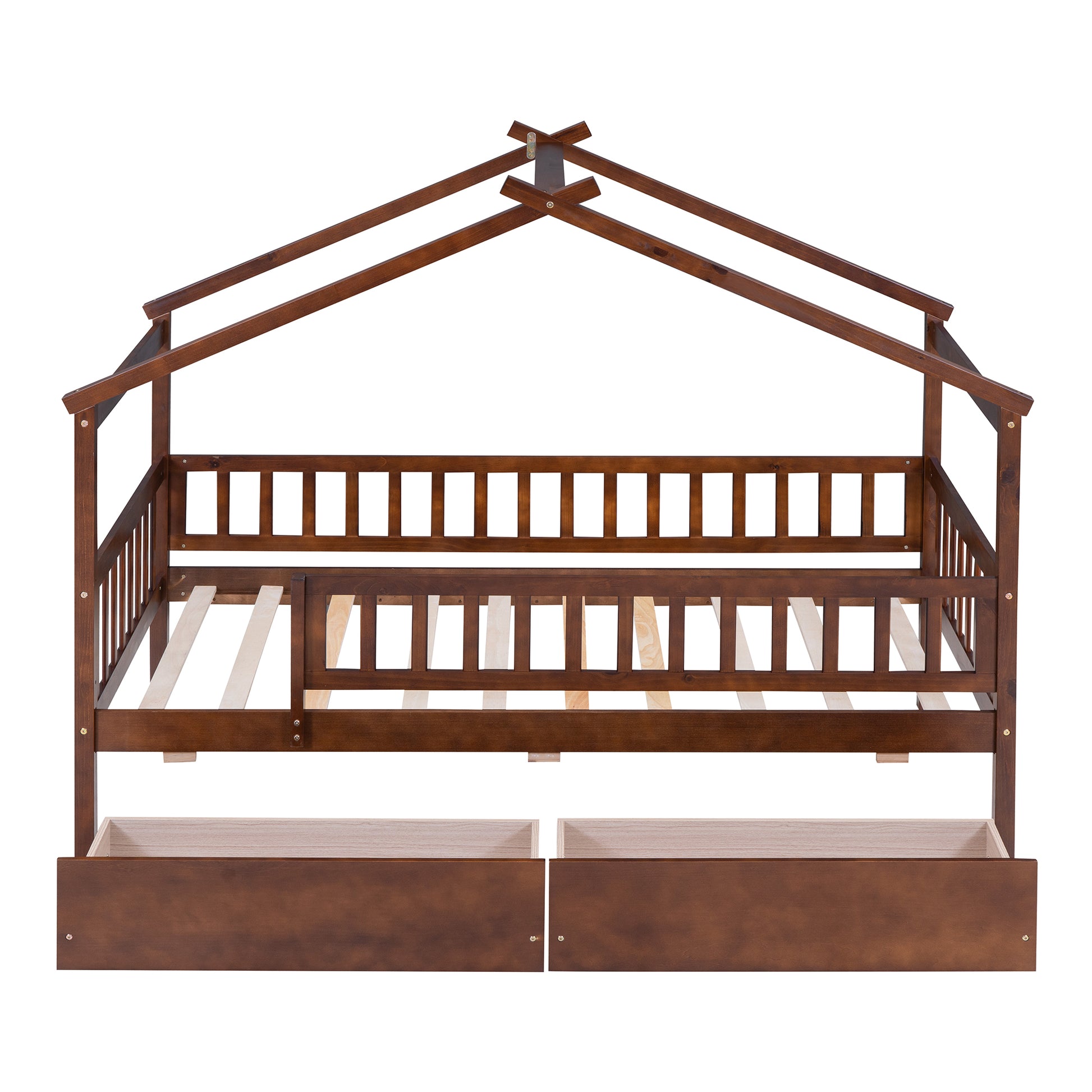 Wooden house bed frame with drawers