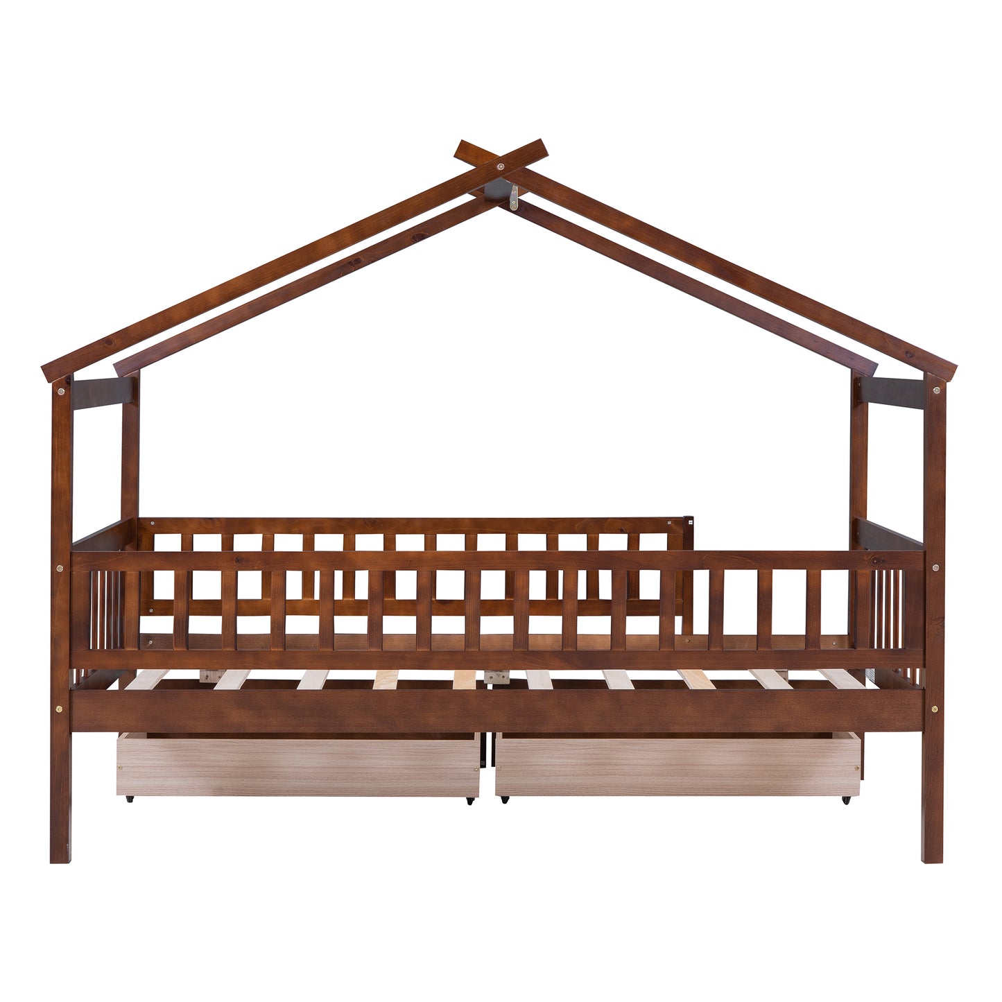 Wooden house bed frame with guardrails and two drawers