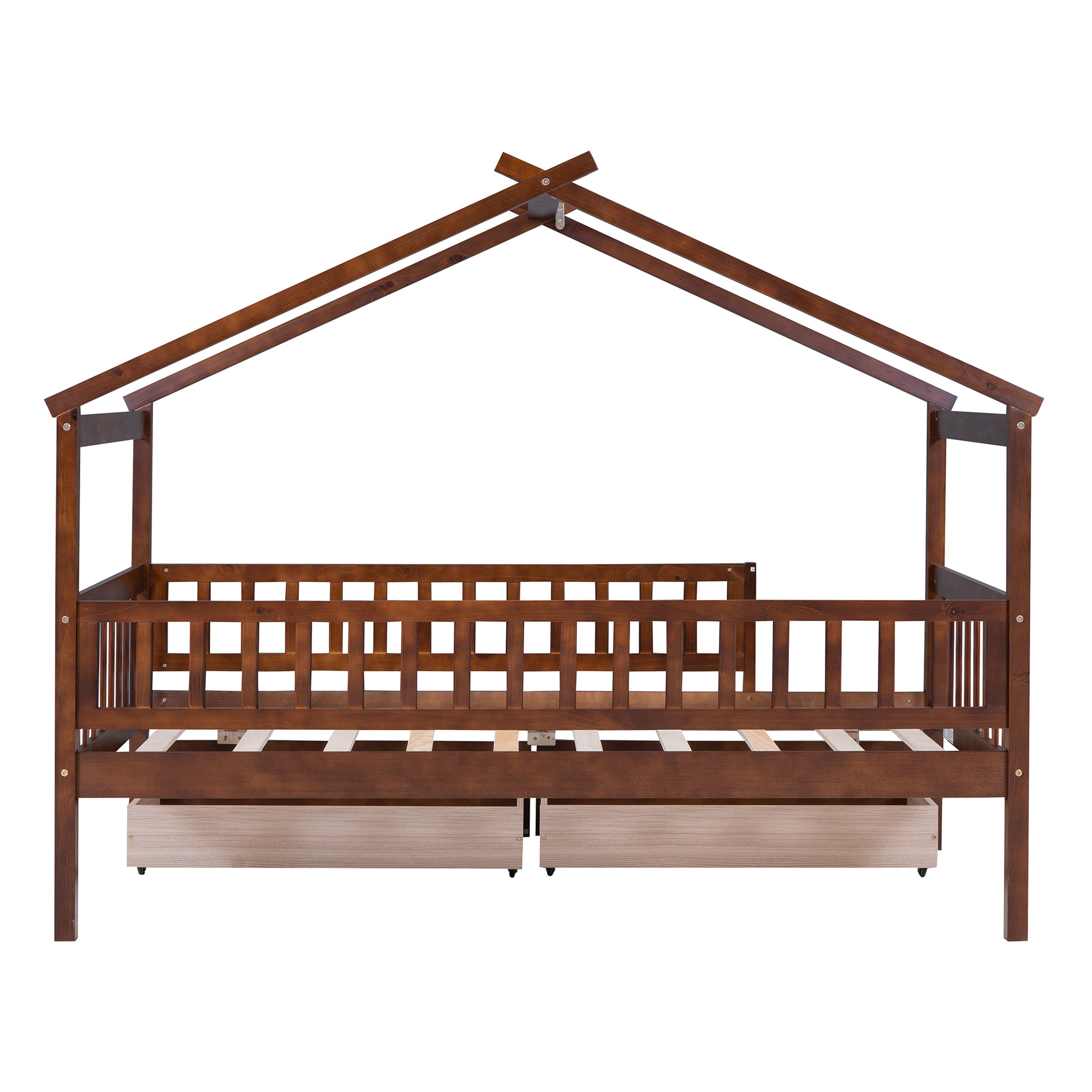 Wooden house bed frame with guardrails and two drawers