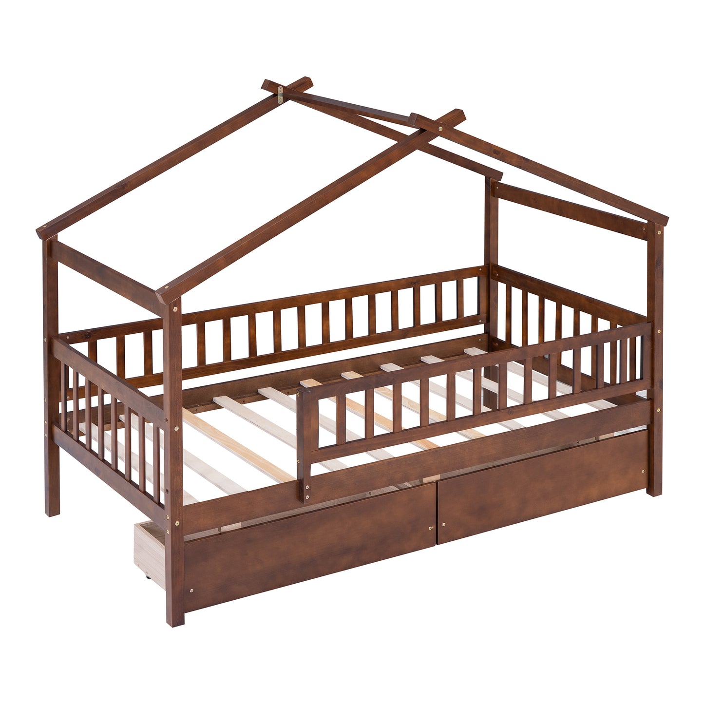 Dark brown wooden house frame bed with storage drawers for kids