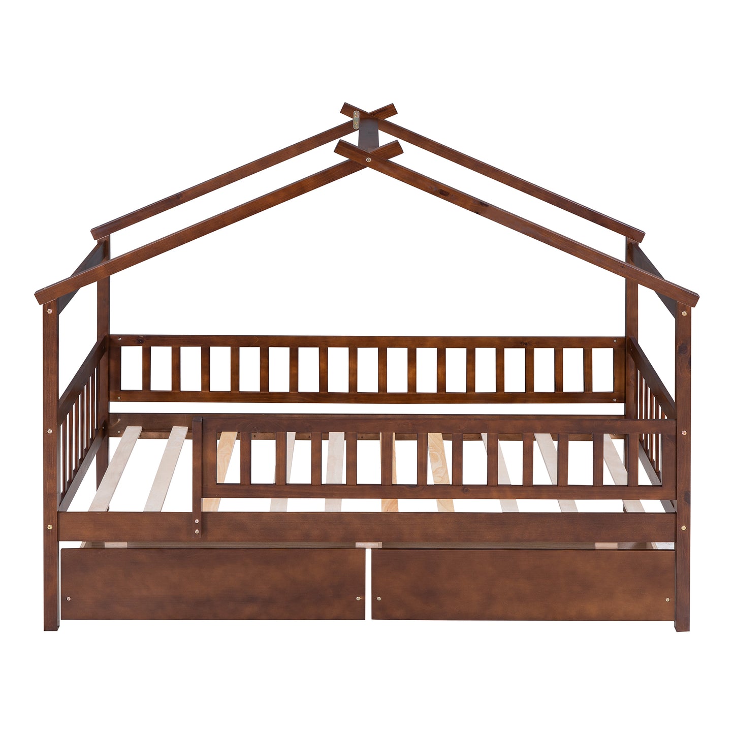 Dark brown wooden twin house bed frame with rails and drawers