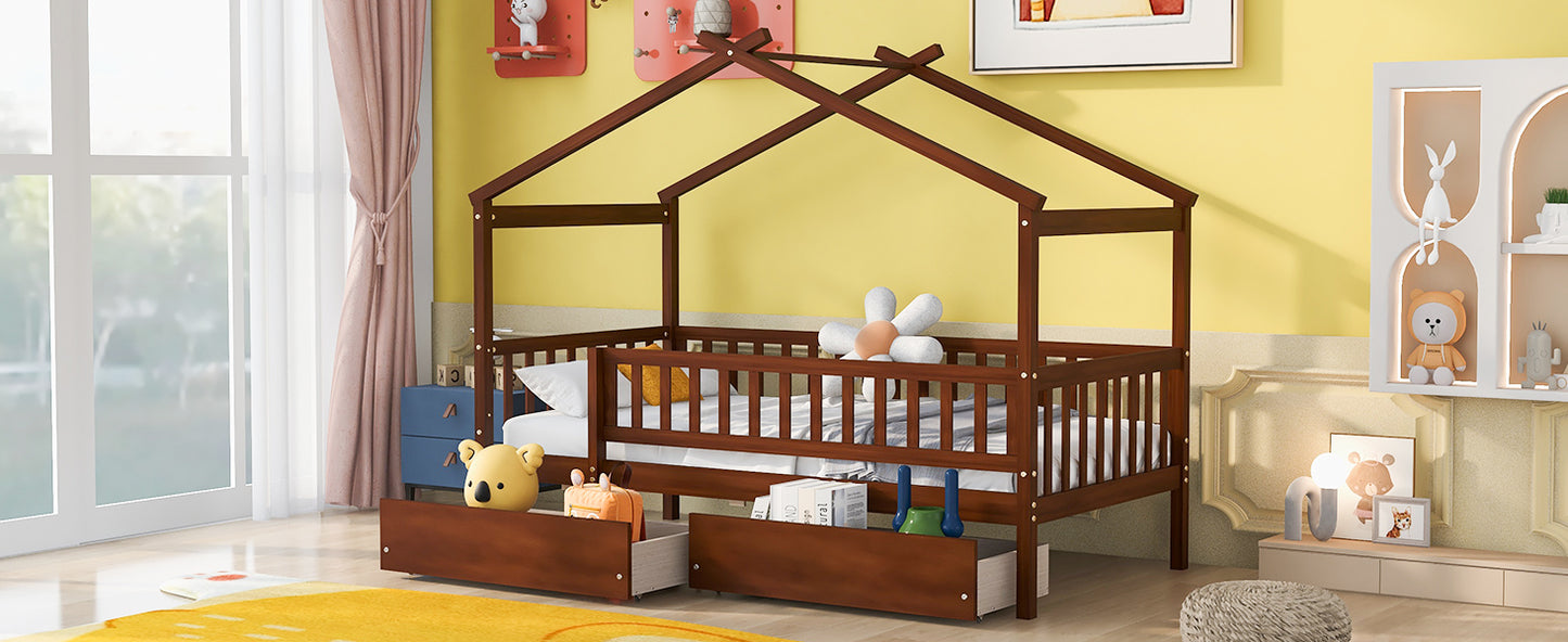 Dark brown wooden toddler bed with house frame and storage drawers