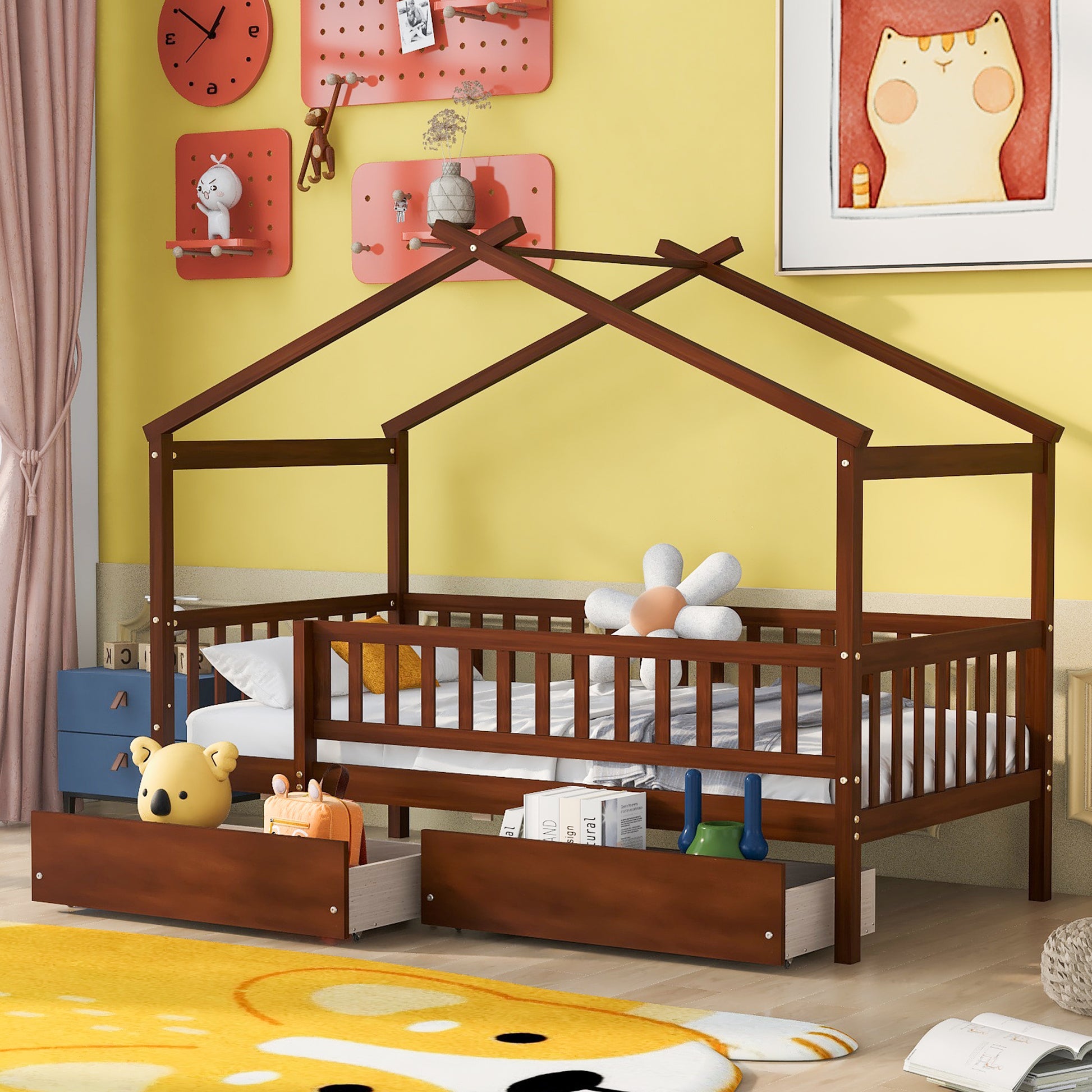 Dark brown wooden house bed frame with drawers for childrens room
