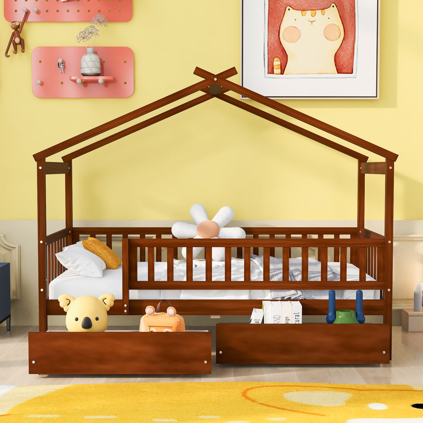 Solid wood toddler bed frame with roof design
