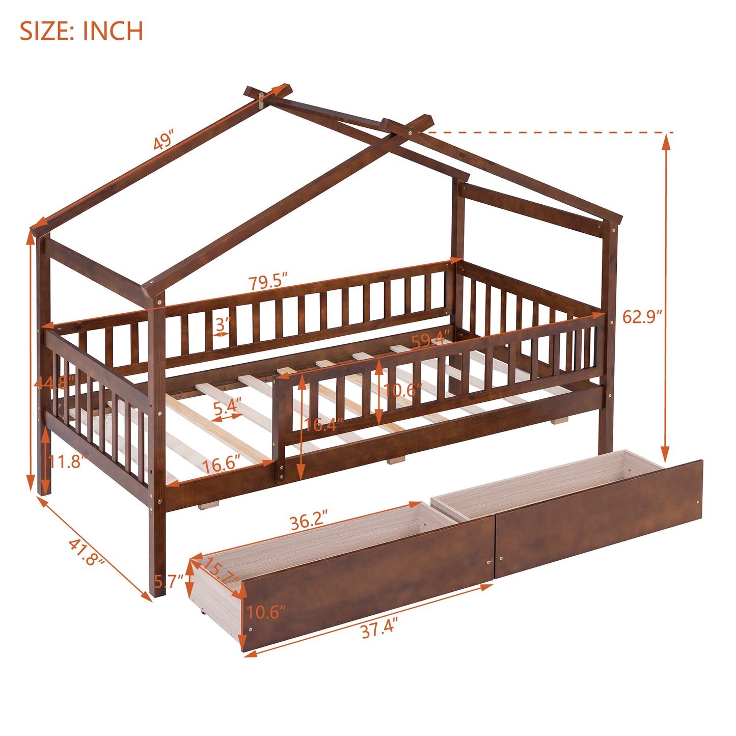 Wooden house bed frame with roof structure and dimensions