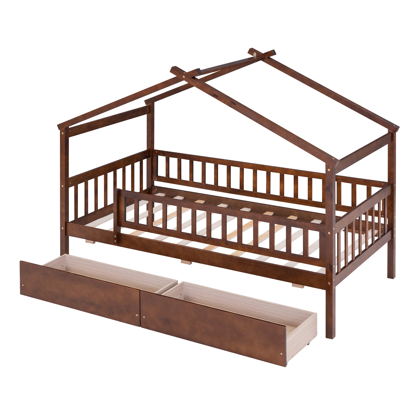 Dark brown wooden house bed frame with two drawers