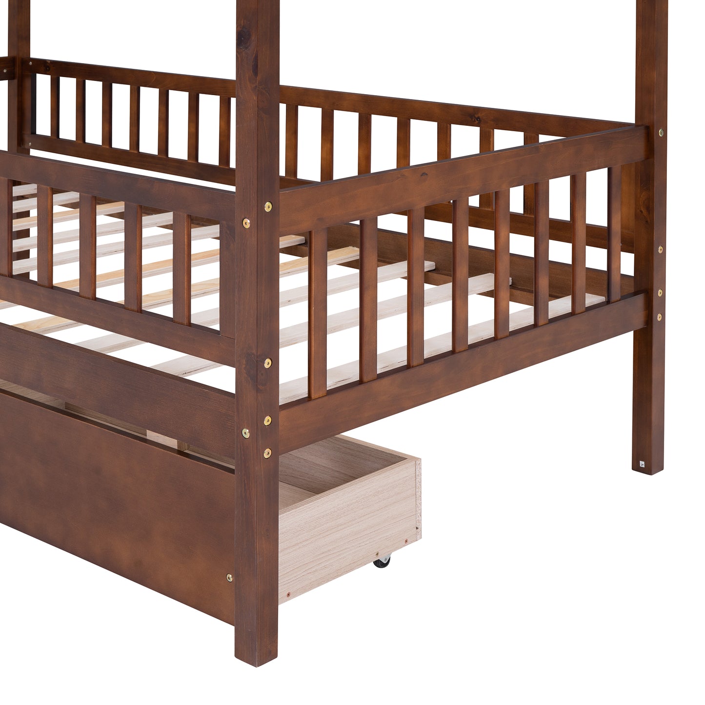 Dark brown wooden toddler bed with pullout storage drawer and slatted sides