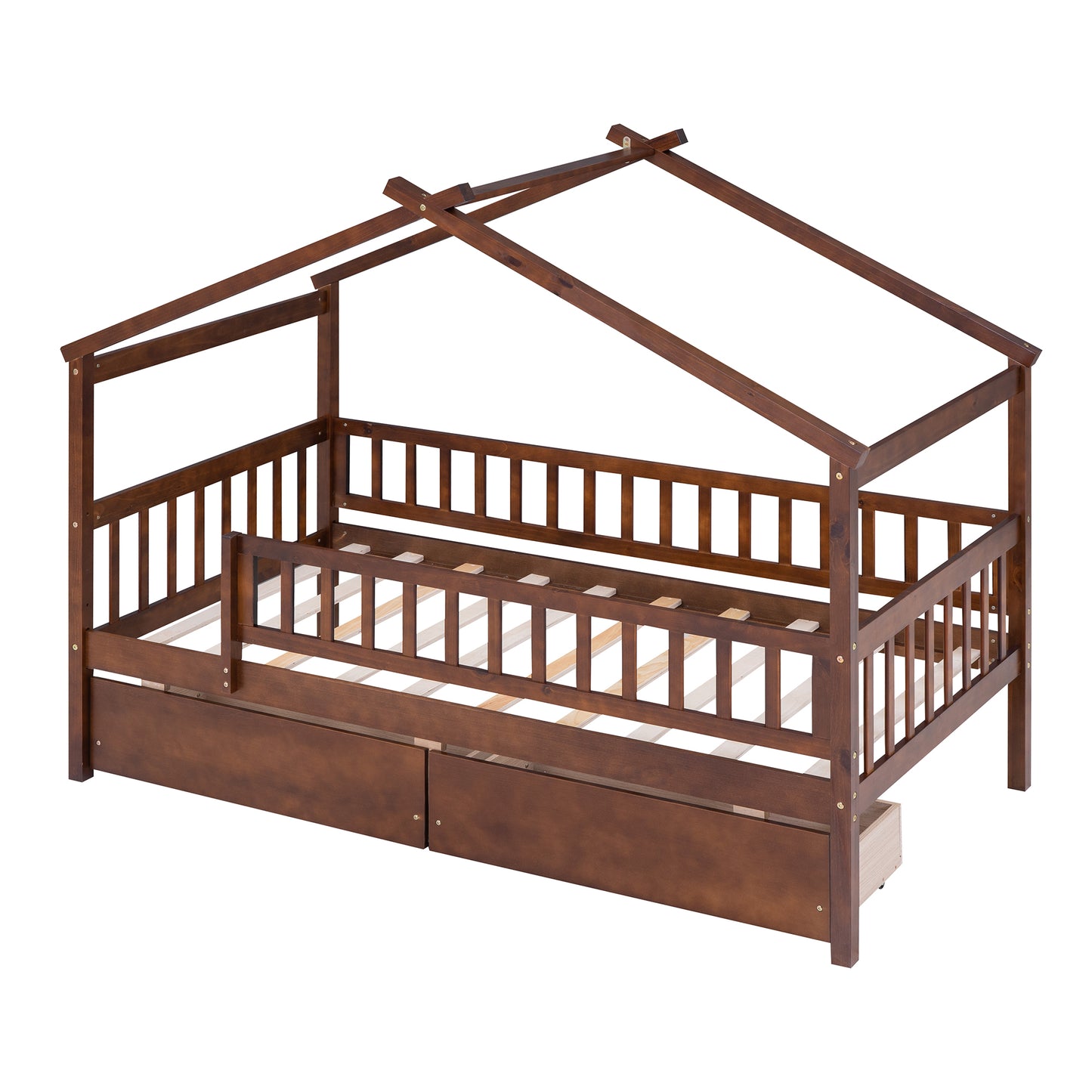 Dark brown wooden house bed frame with two drawers and slatted base