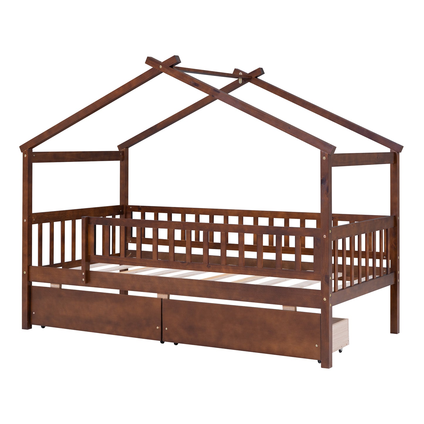 Wooden house bed frame in dark brown with guardrails and integrated drawers