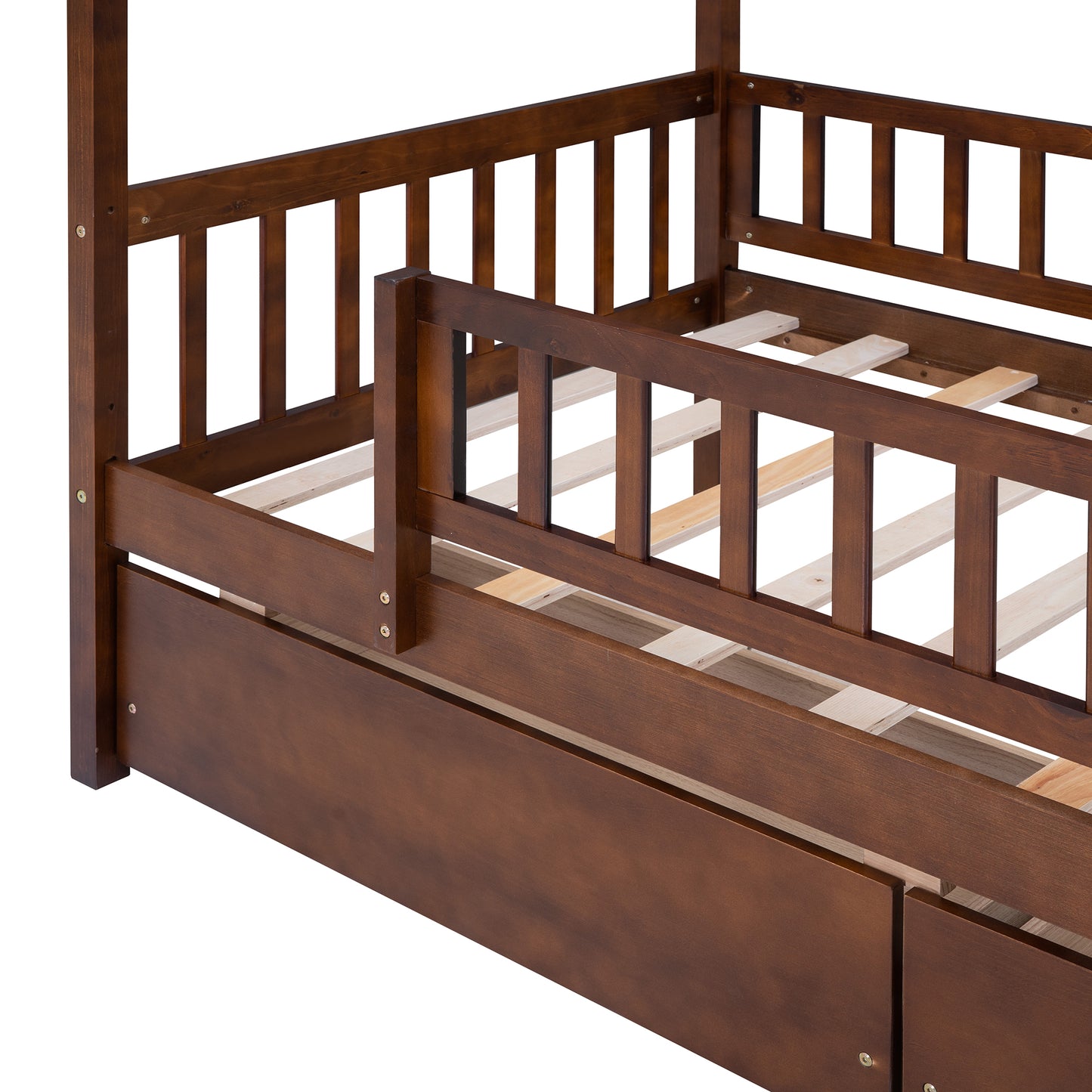 Dark brown wooden toddler bed with integrated safety rails and slatted mattress support