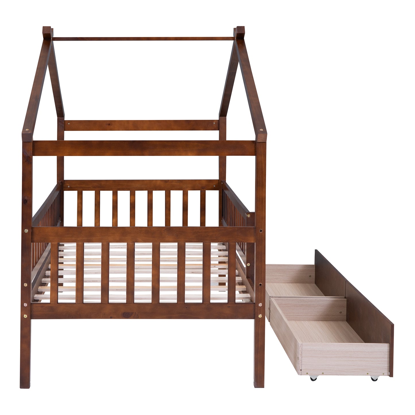 Wooden house frame bed with slatted base and two pullout drawers for kids
