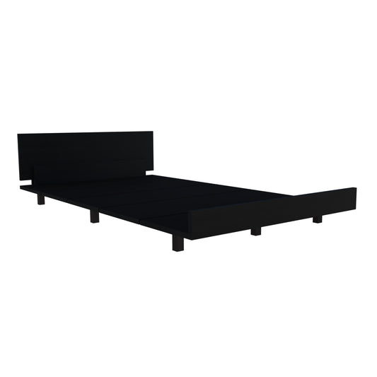 Black minimalist platform bed frame with wooden texture