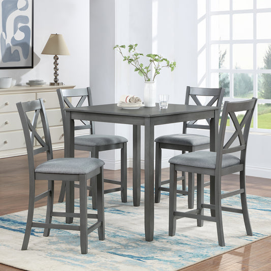 Grey counter height table set with upholstered bar stools