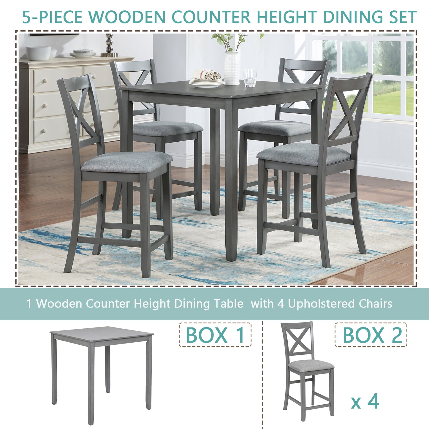 Gray wooden counter height dining set with Xback upholstered chairs