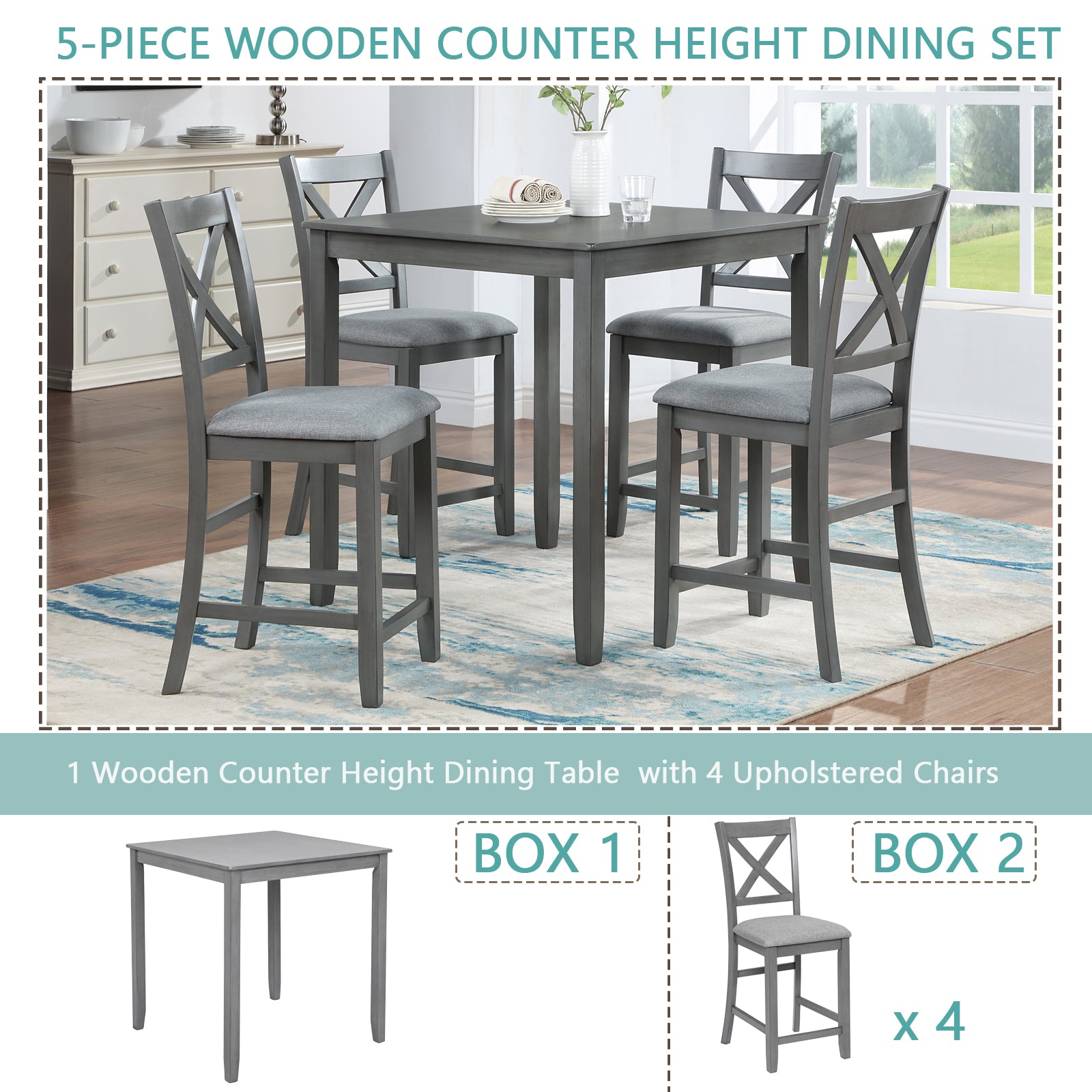Gray wooden counter height dining set with Xback upholstered chairs