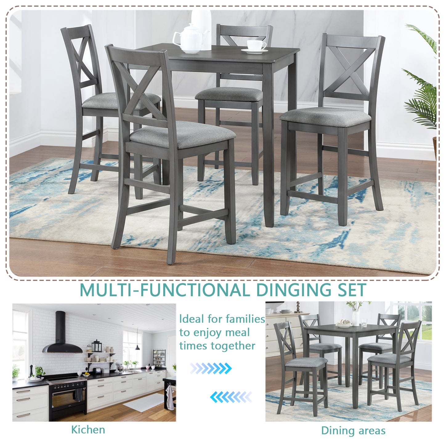 Gray counter height dining set with upholstered chairs