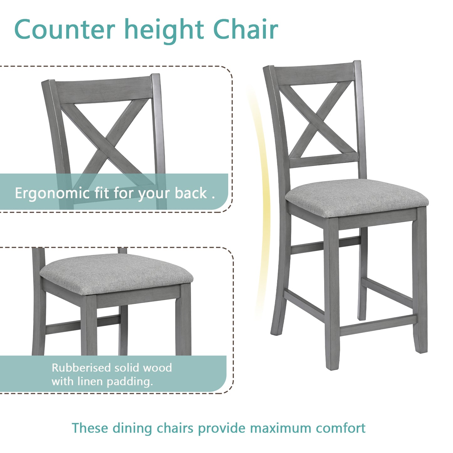 Gray counter height chair with Xback design and cushioned linen seat