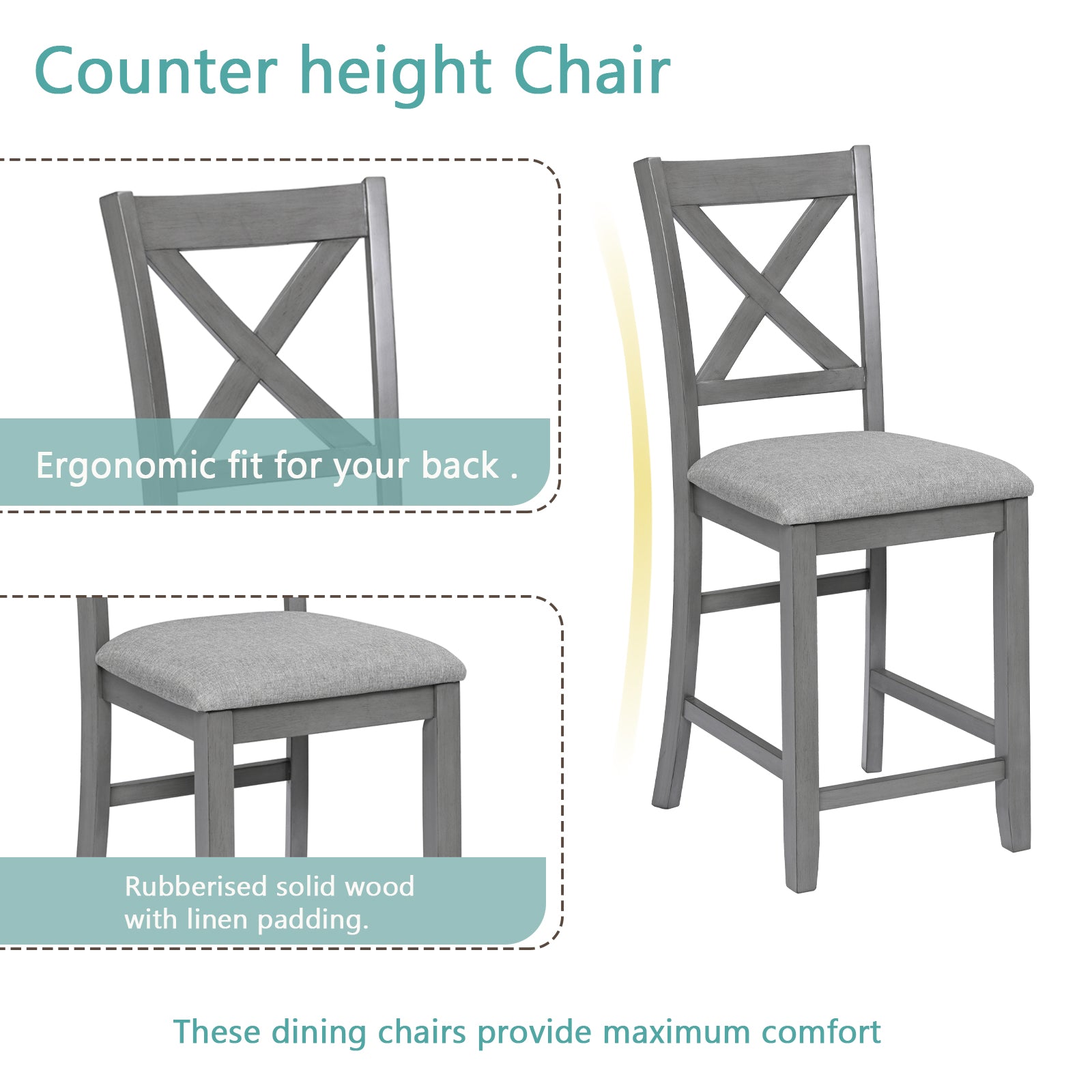 Gray counter height chair with Xback design and cushioned linen seat