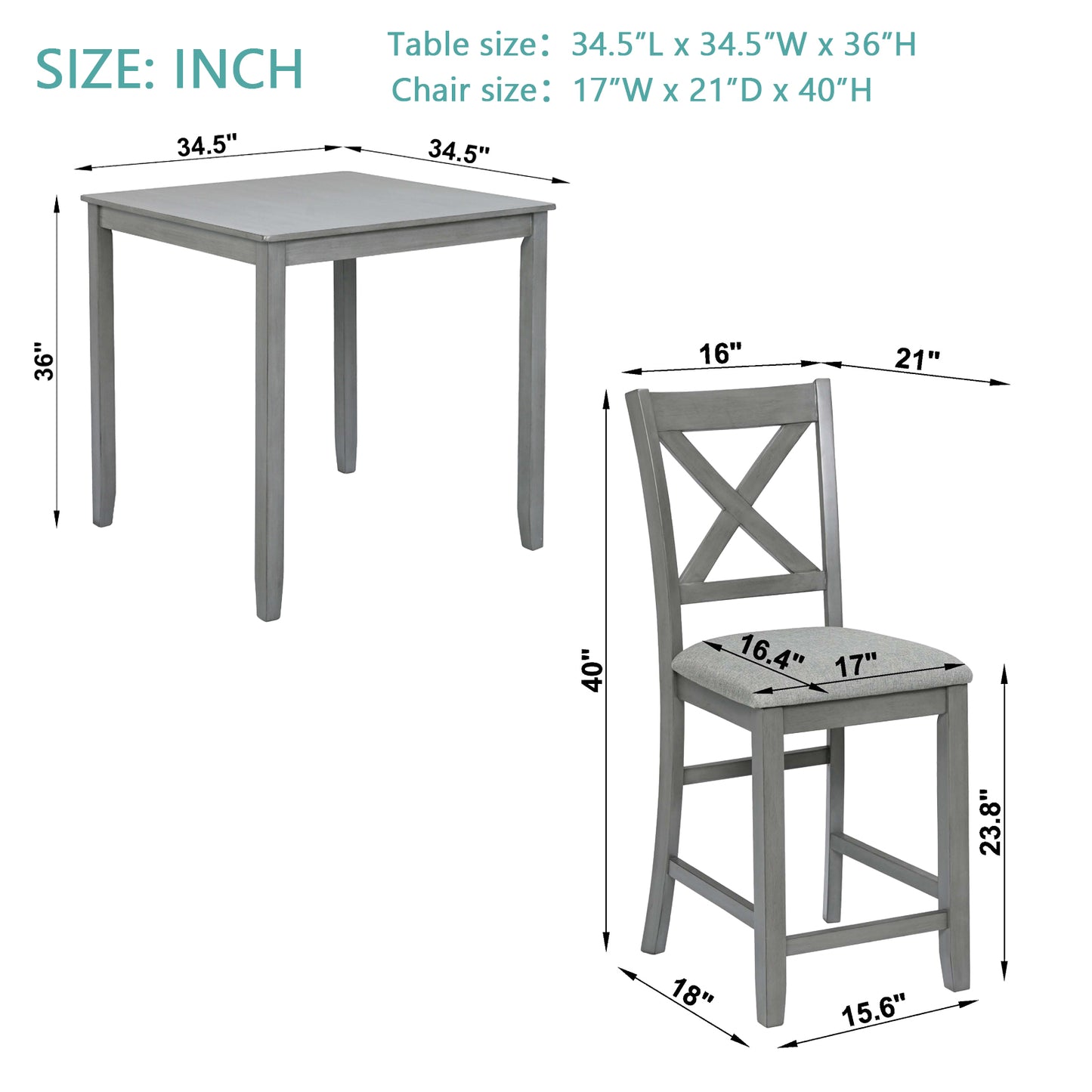 Gray square dining table with dimensions