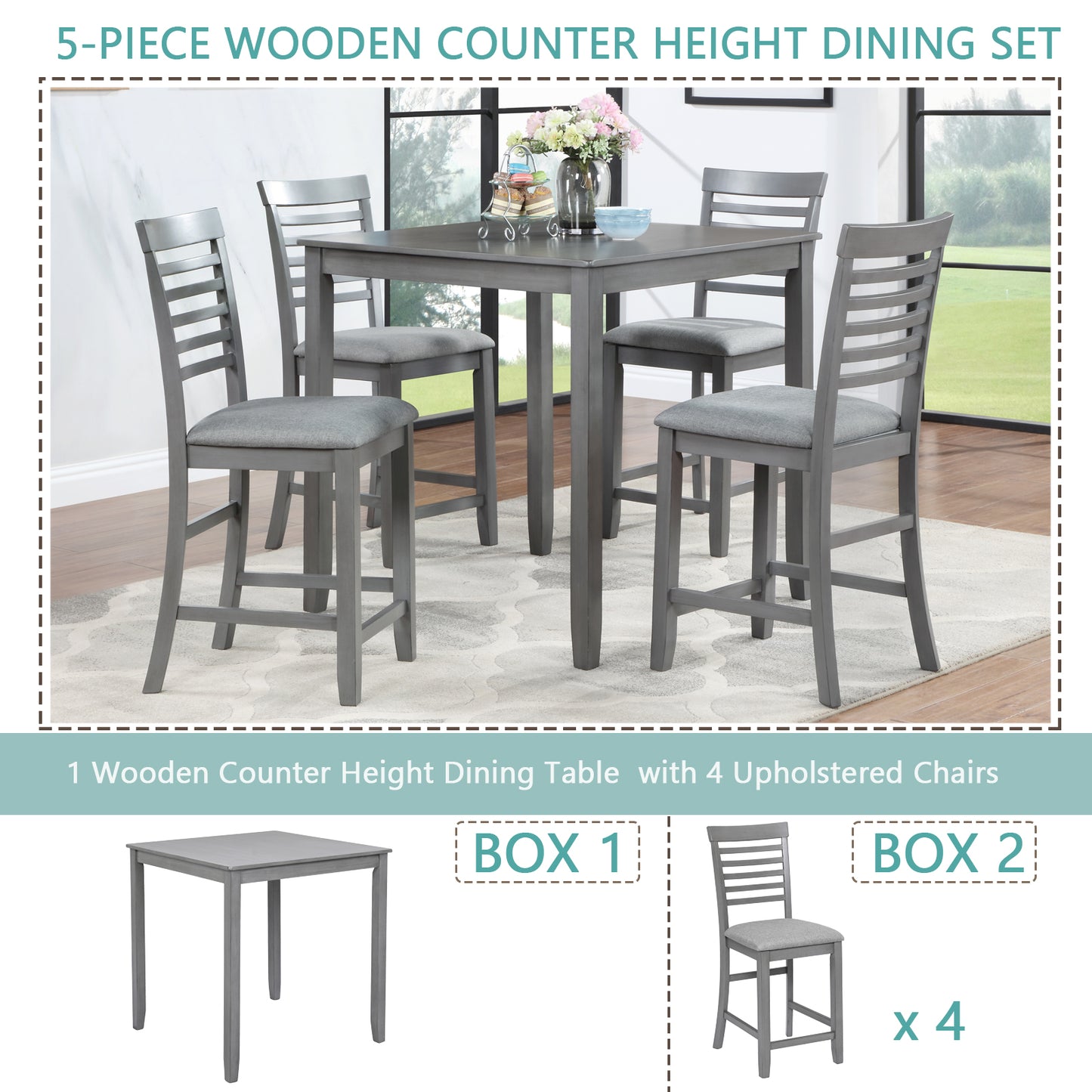 Gray wooden counter height dining set with upholstered chairs