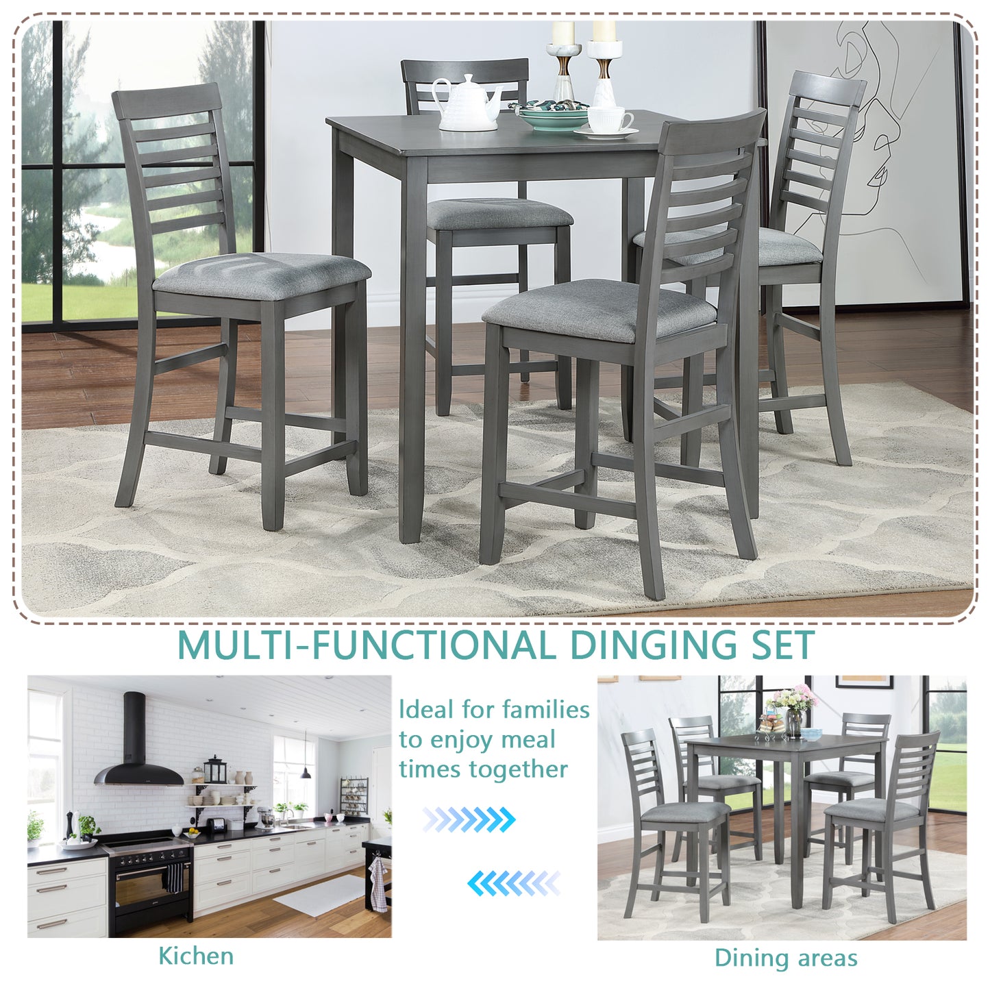 Gray wooden bar stools with upholstered seats around a matching counterheight dining table