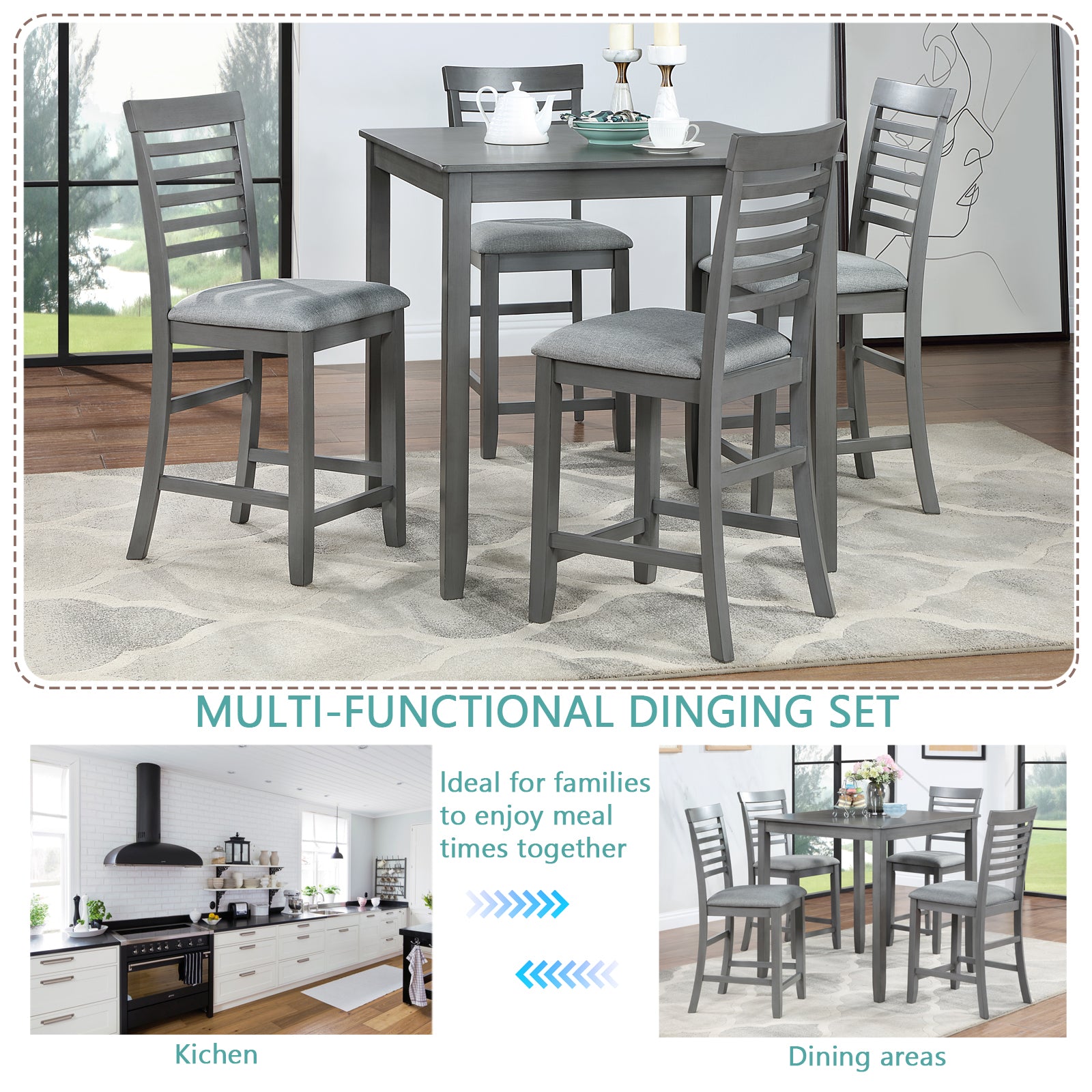 Gray wooden bar stools with upholstered seats around a matching counterheight dining table