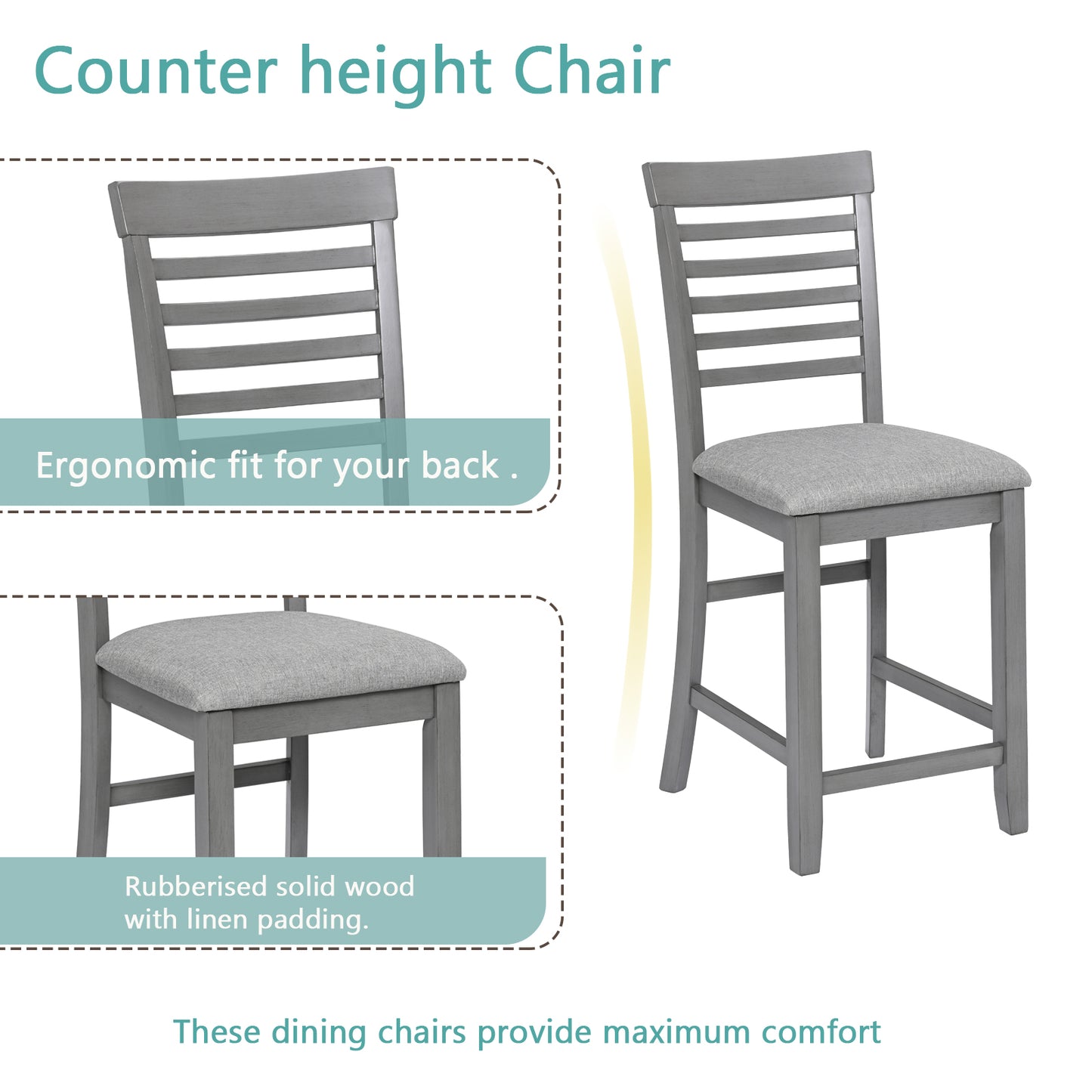 Gray counter height chair with slatted back and linen seat