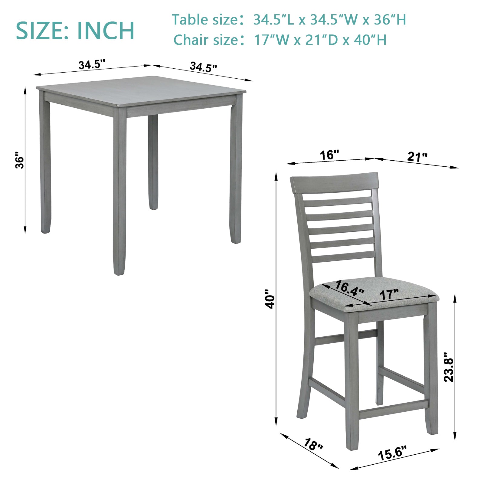 Gray wooden bar stool with cushioned seat and slatted back