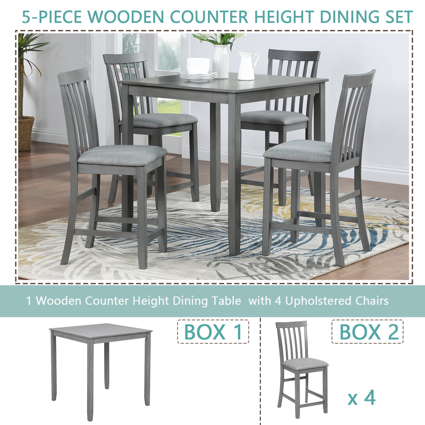 Gray wooden counter height dining set with upholstered stools