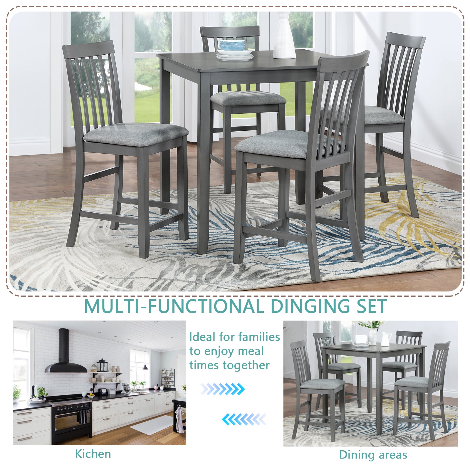 Gray counter height dining set with upholstered seats and slatted backs