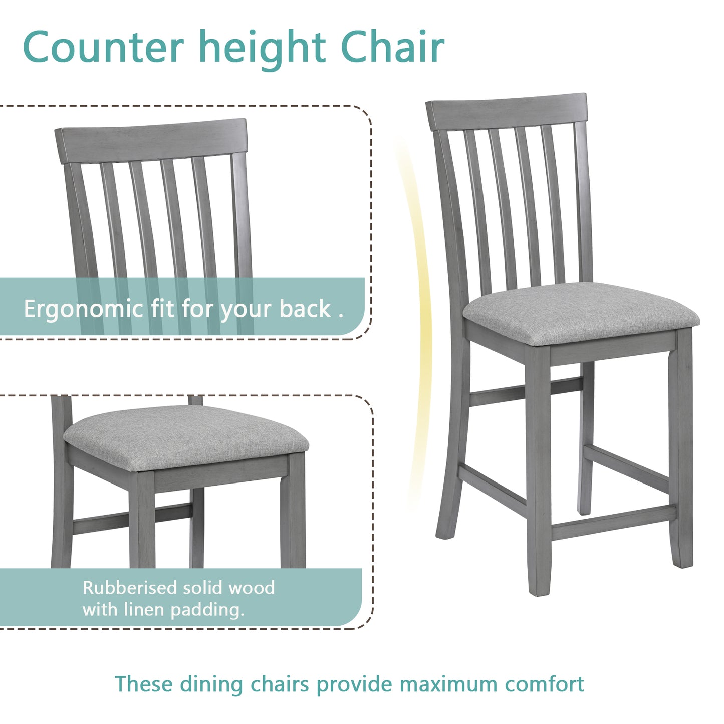 Gray wooden counter height chair with padded linen seat and slatted back