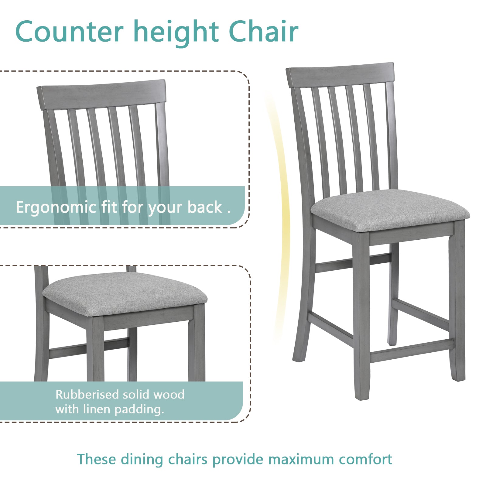 Gray wooden counter height chair with padded linen seat and slatted back