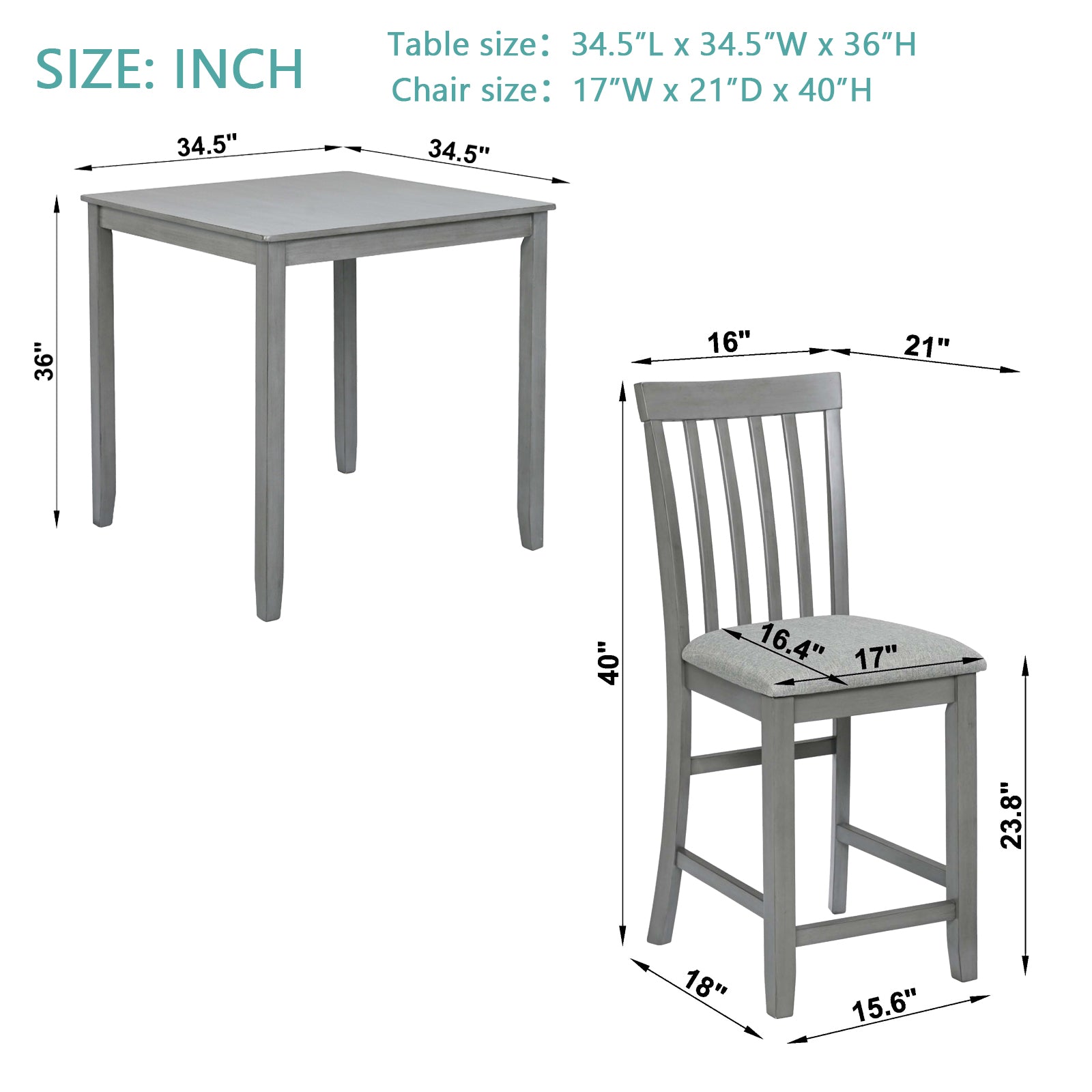 Gray wooden dining table with dimensions LxWxH