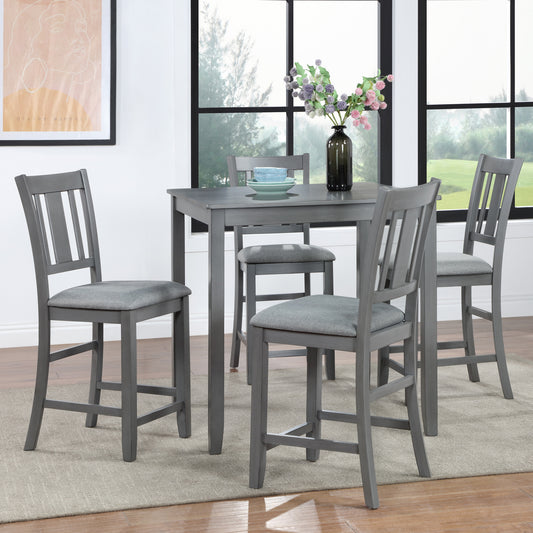 Gray wooden counter height table with four upholstered chairs