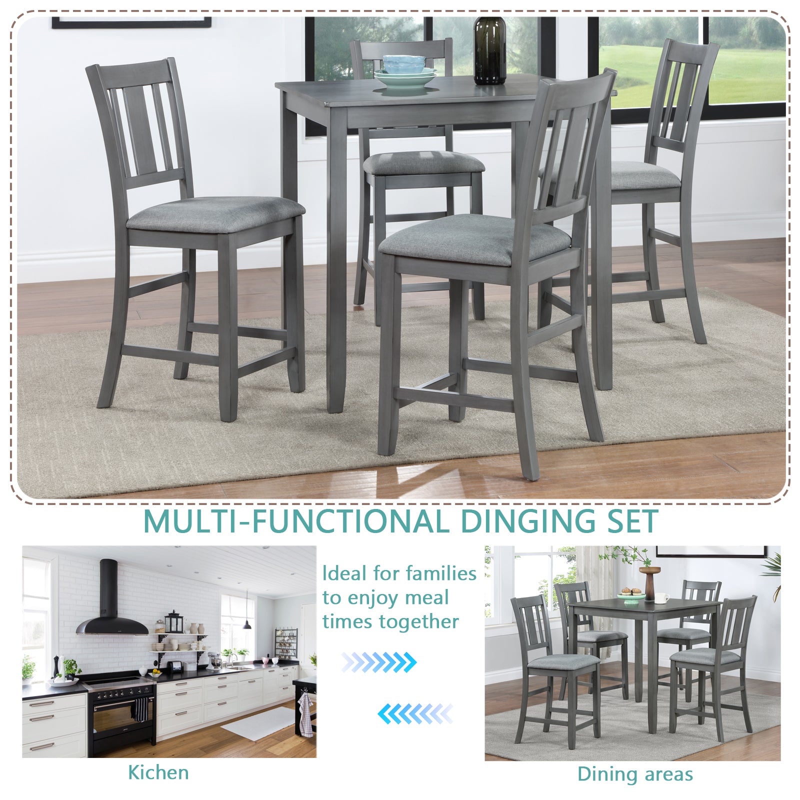 Gray upholstered counter height dining set with four chairs and a square table