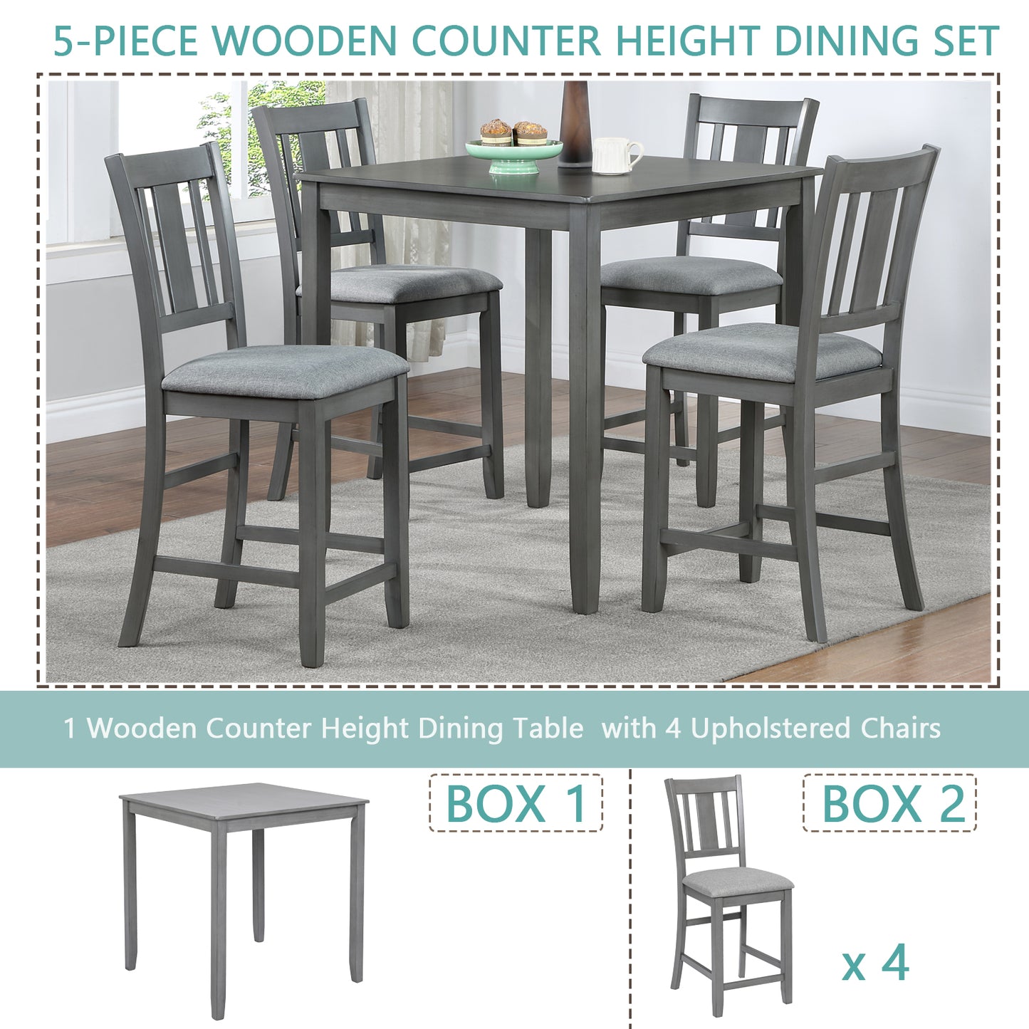 Grey wooden counter height dining set with upholstered chairs