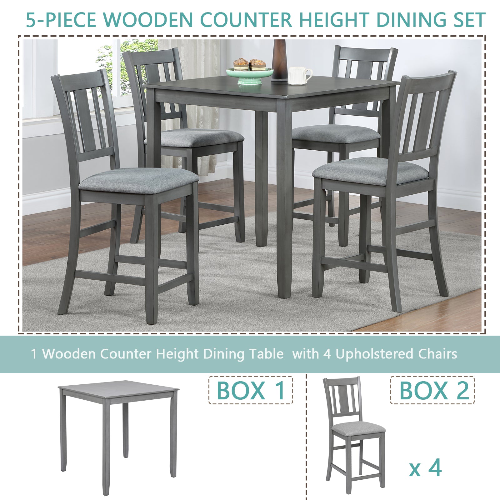 Grey wooden counter height dining set with upholstered chairs