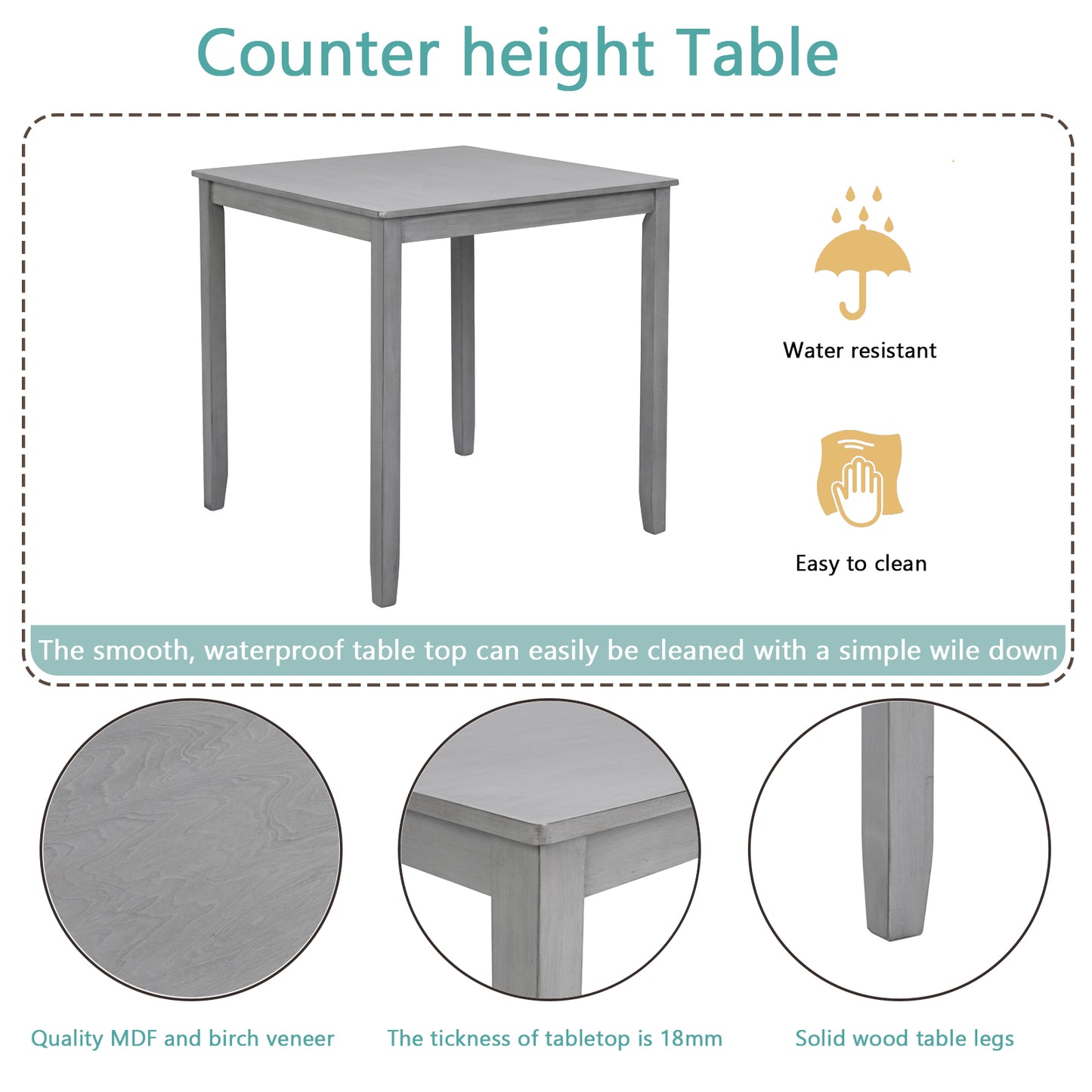 Gray square counter height table with tapered legs perfect for small kitchens