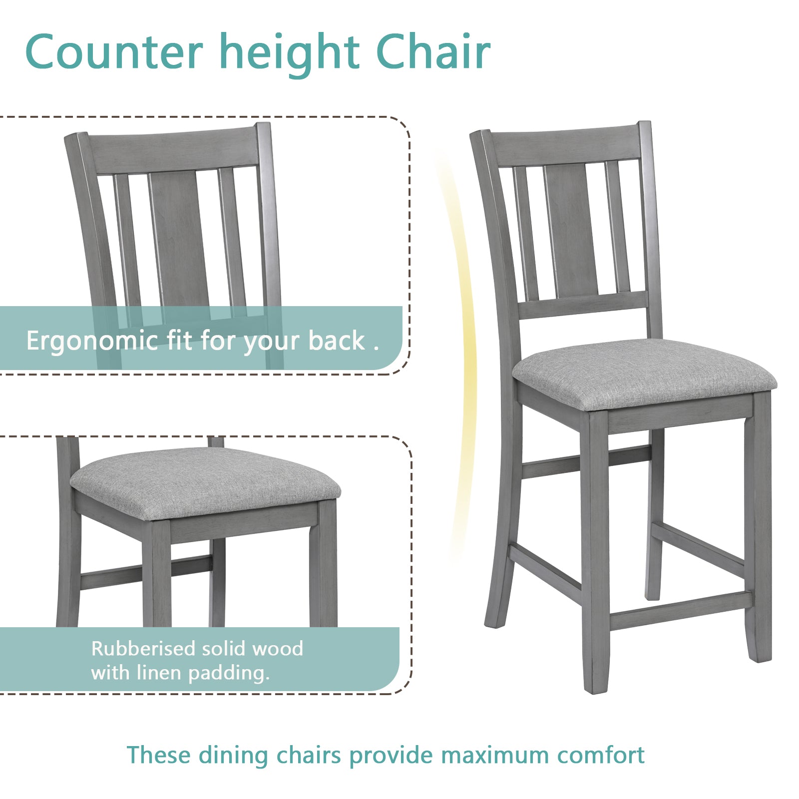 Grey wooden counter height chair with cushioned seat