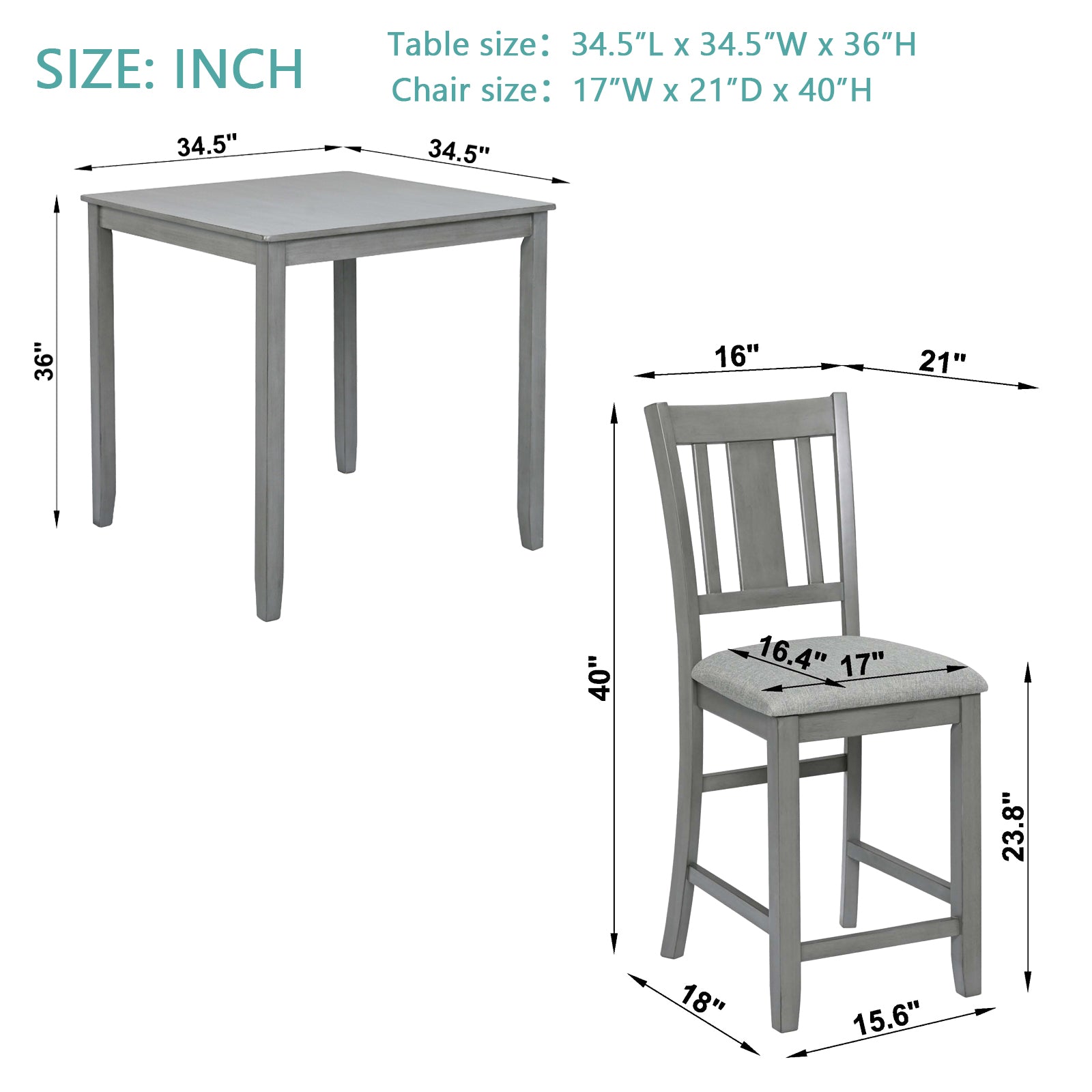 Gray counter height table with dimensions shown