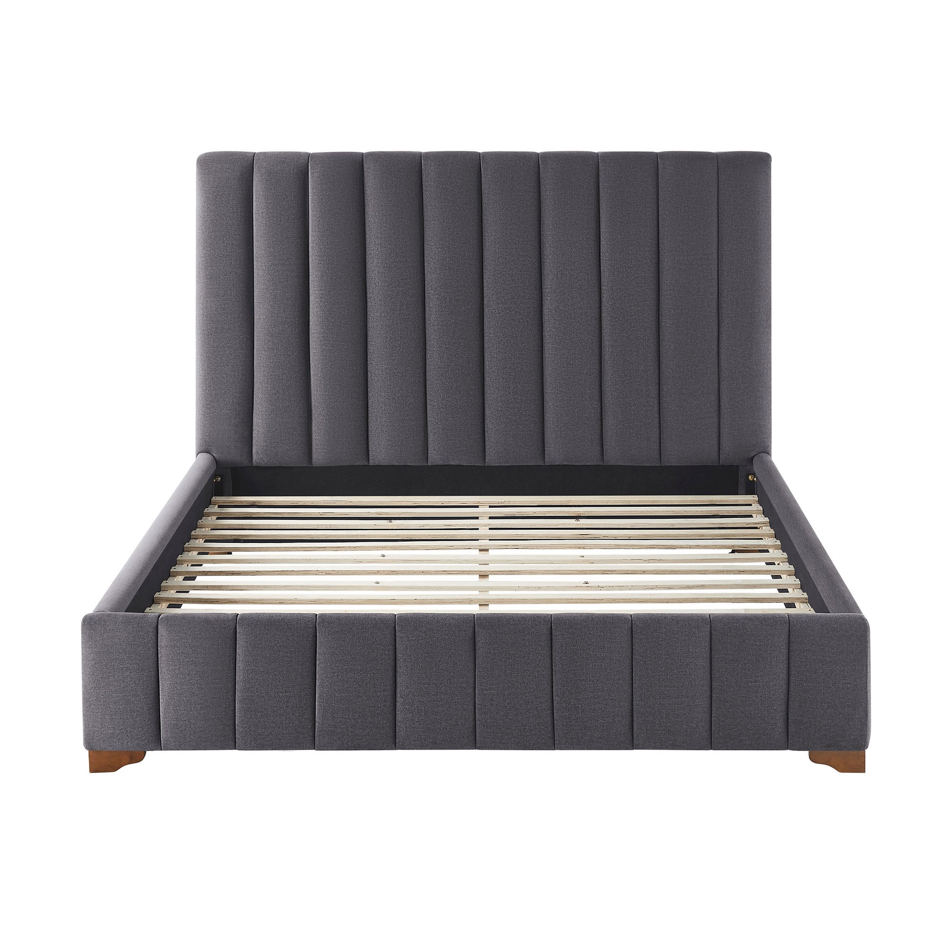 Dark grey upholstered platform bed frame with channel tufting and wooden slats