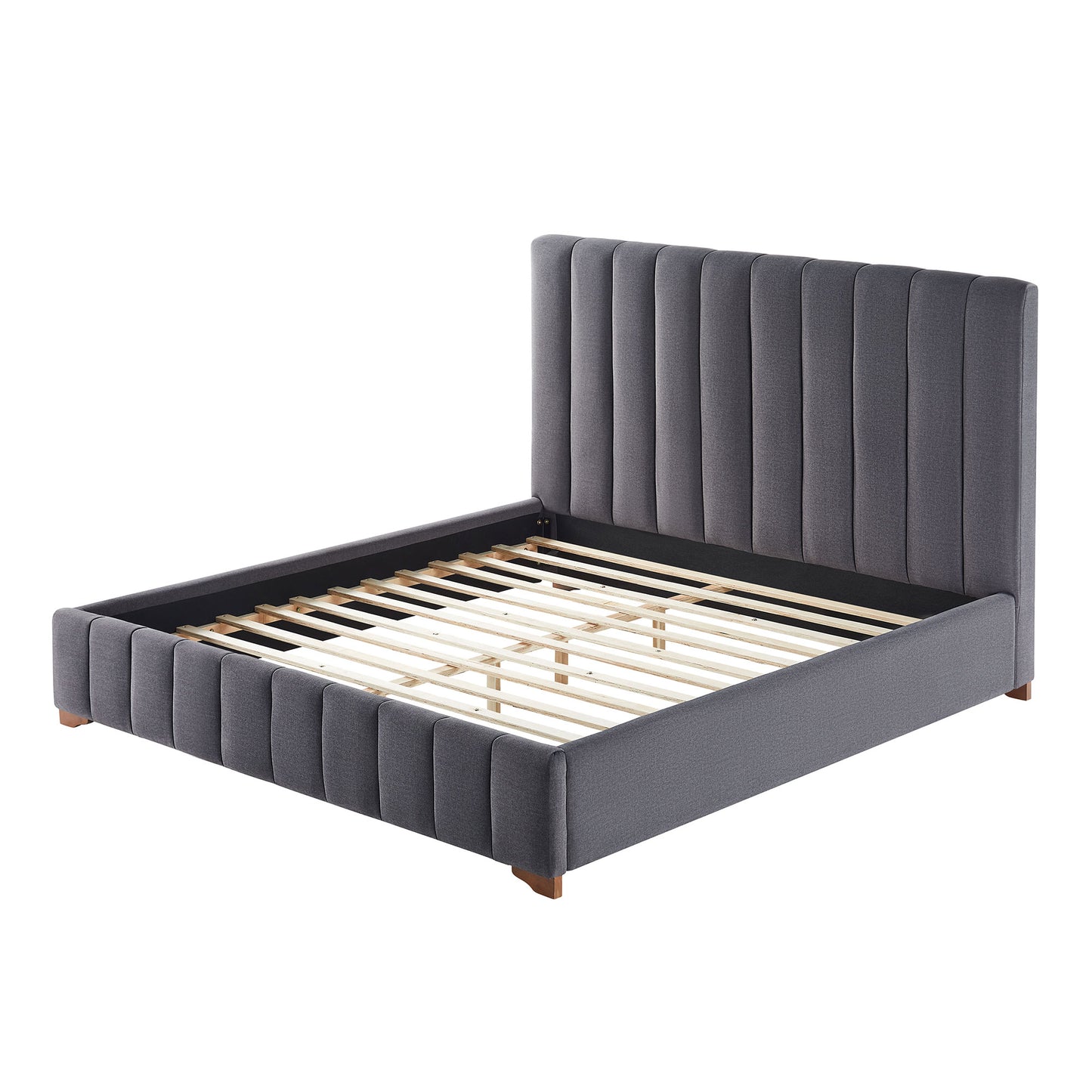 Upholstered grey bed frame with vertical channel tufting and wooden slats for mattress support