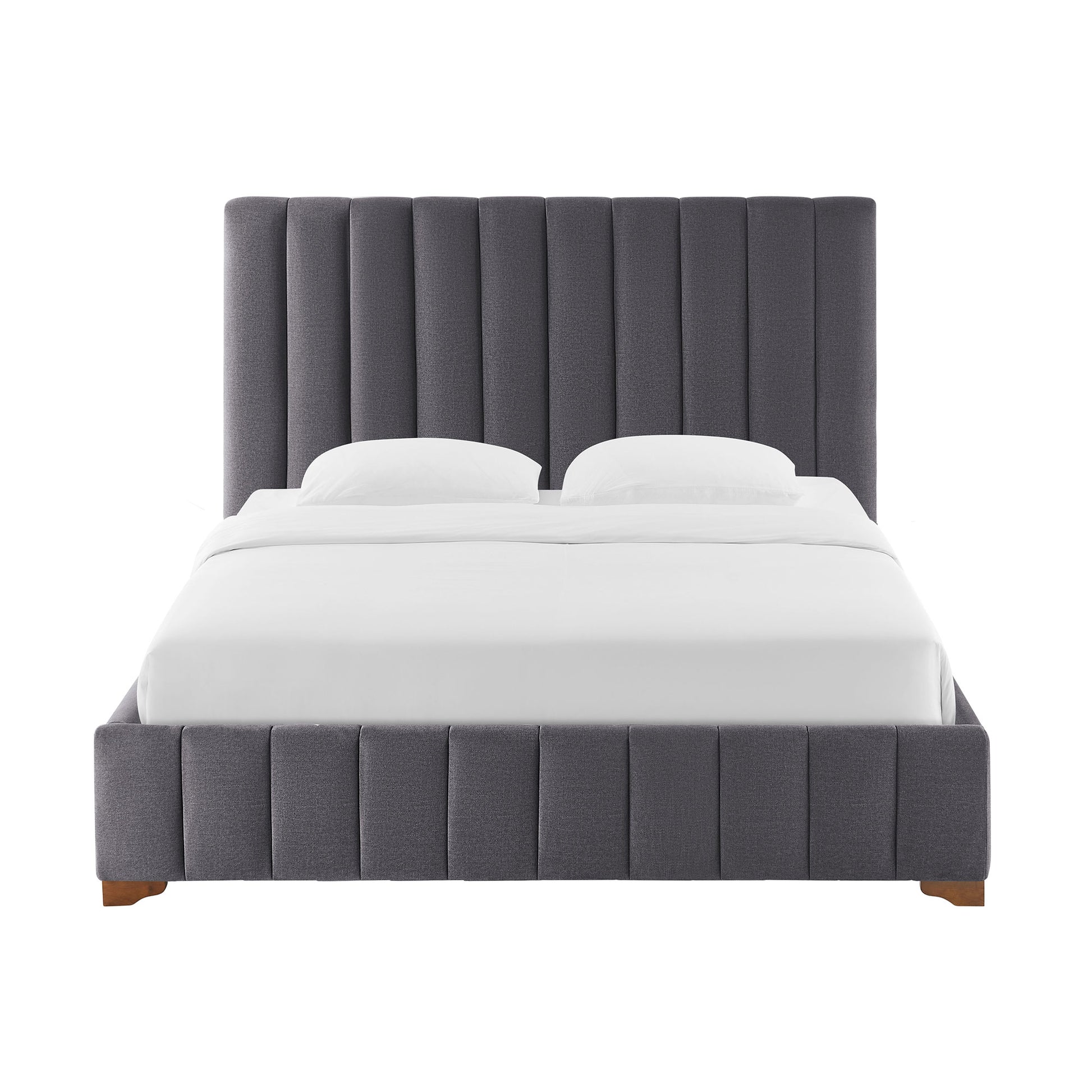 Gray upholstered platform bed with channel tufted headboard and footboard