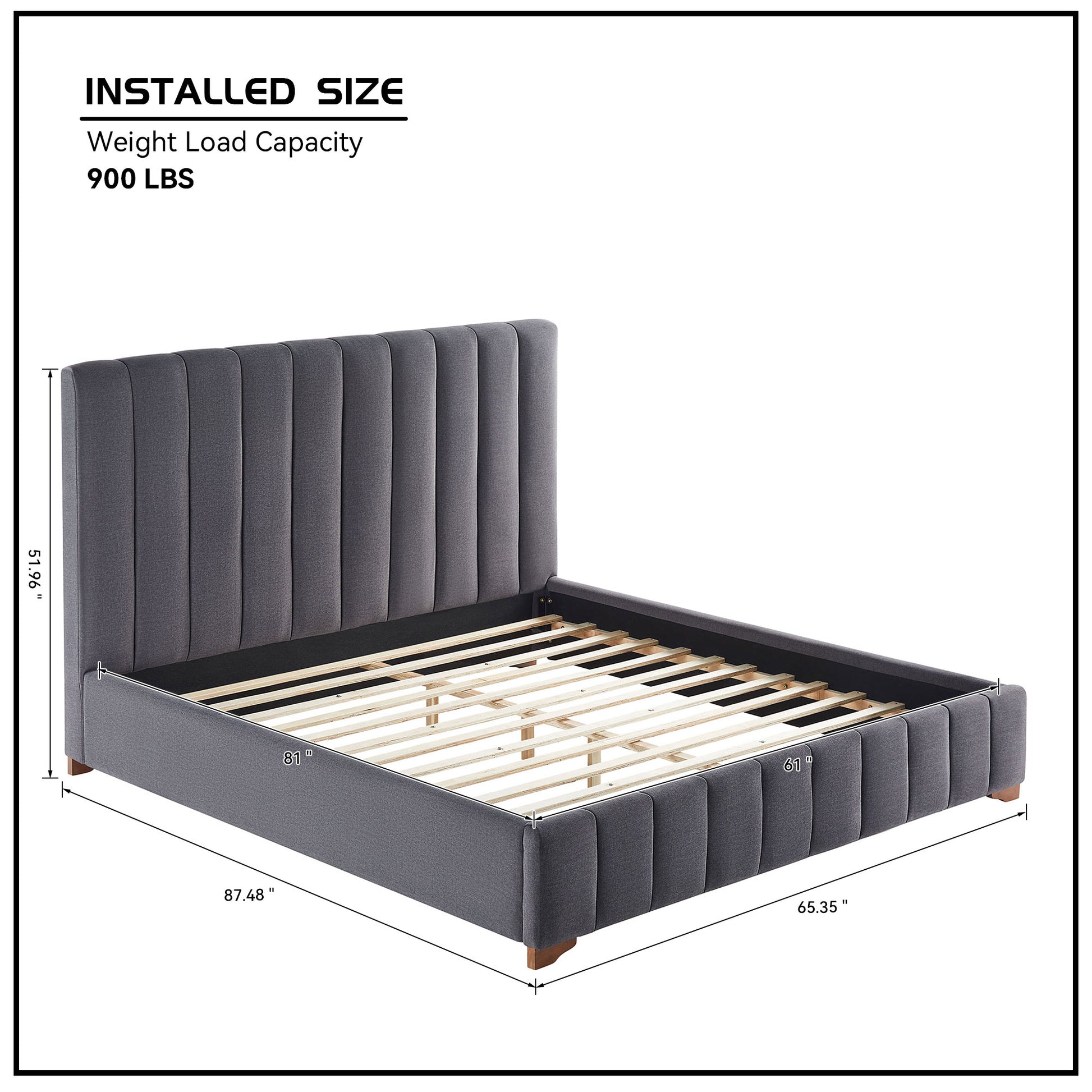 upholstered gray platform bed frame with vertical channel tufting