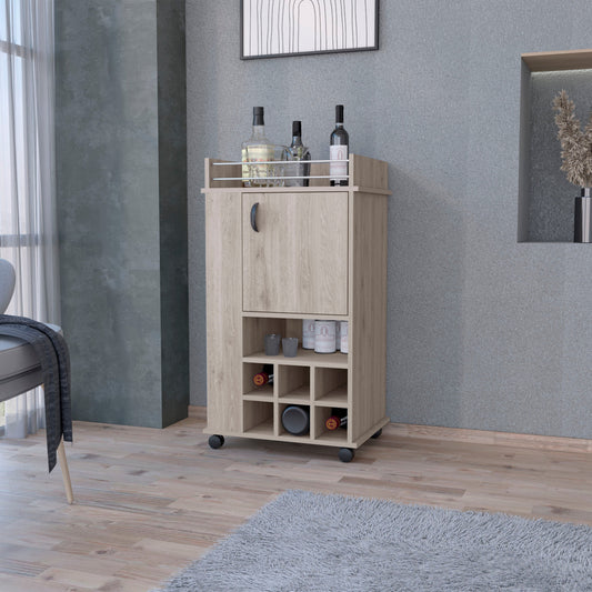 Light oak bar cart with wine rack and storage cabinet