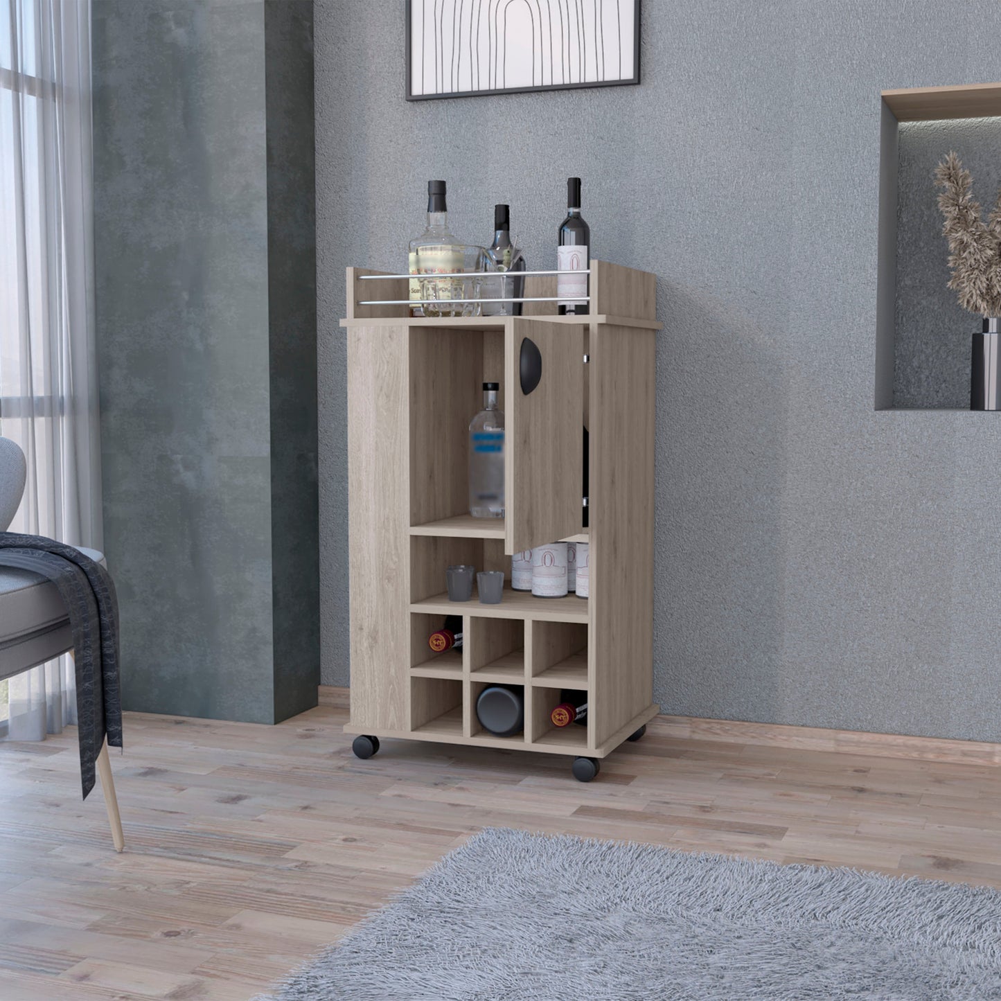 Light oak mobile bar cart with wine rack and glass shelves
