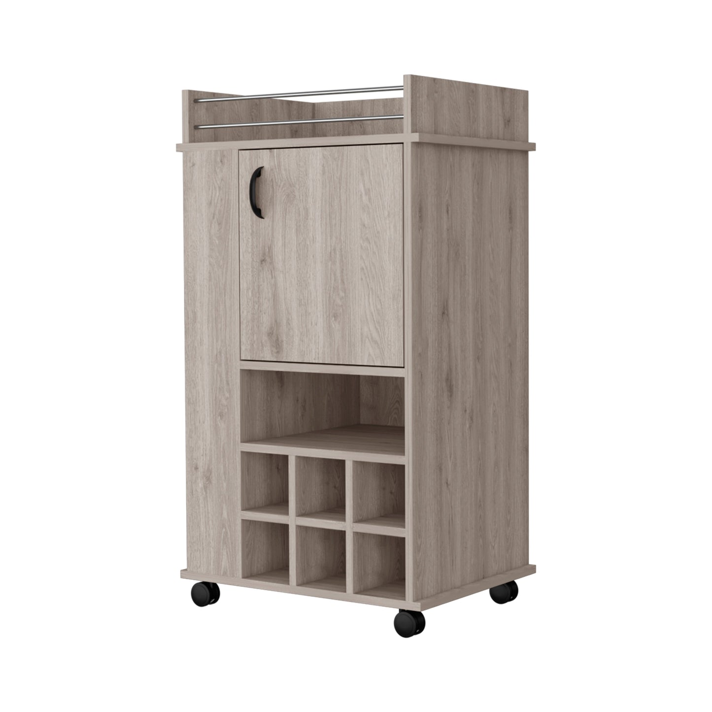 Light oak mobile bar cart with two metal towel bars and a cabinet door